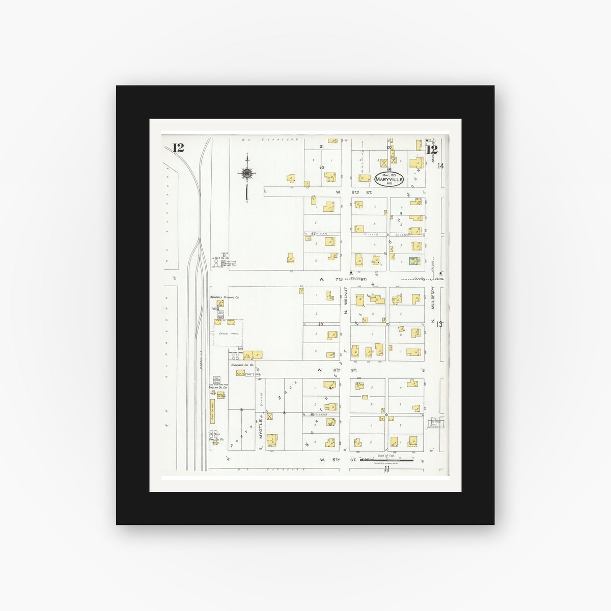 Old map wall art mockup — black gallery frame with white mat — Sanborn Fire Insurance Map from Maryville, Nodaway County, Missouri (1925), Sheet #0012