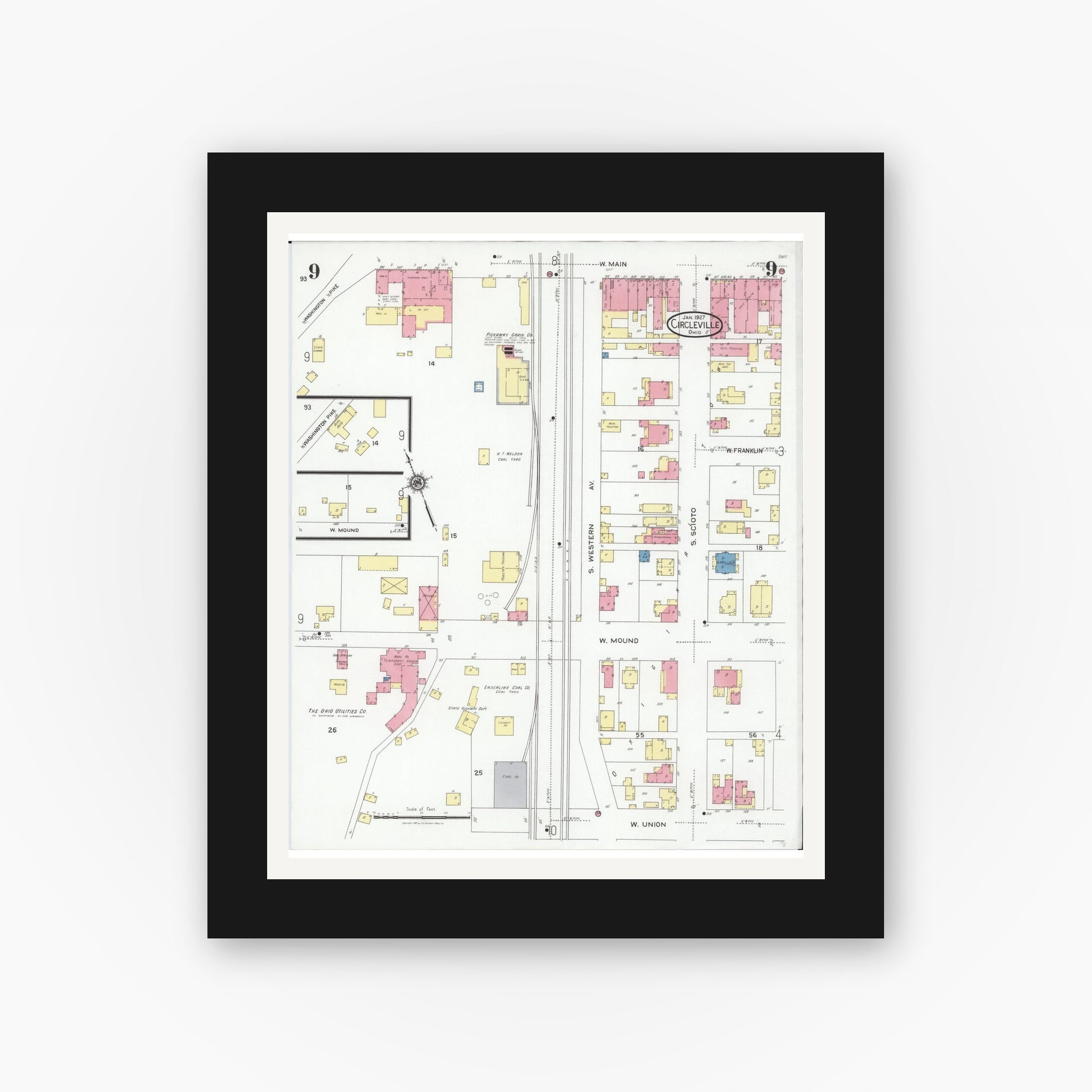 Old map wall art mockup — black gallery frame with white mat — Sanborn Fire Insurance Map from Circleville, Pickaway County, Ohio (1927), Sheet #0009