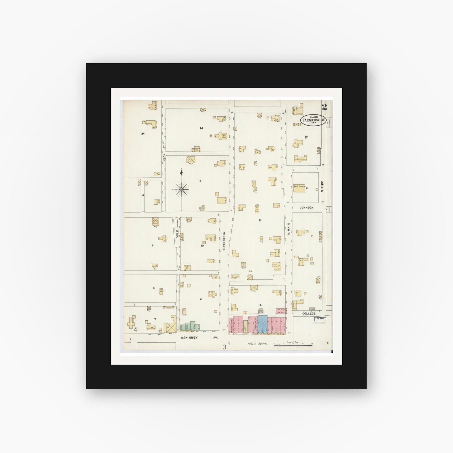 Old map wall art mockup — black gallery frame with white mat — Sanborn Fire Insurance Map from Farmersville, Collin County, Texas (1897), Sheet #0002
