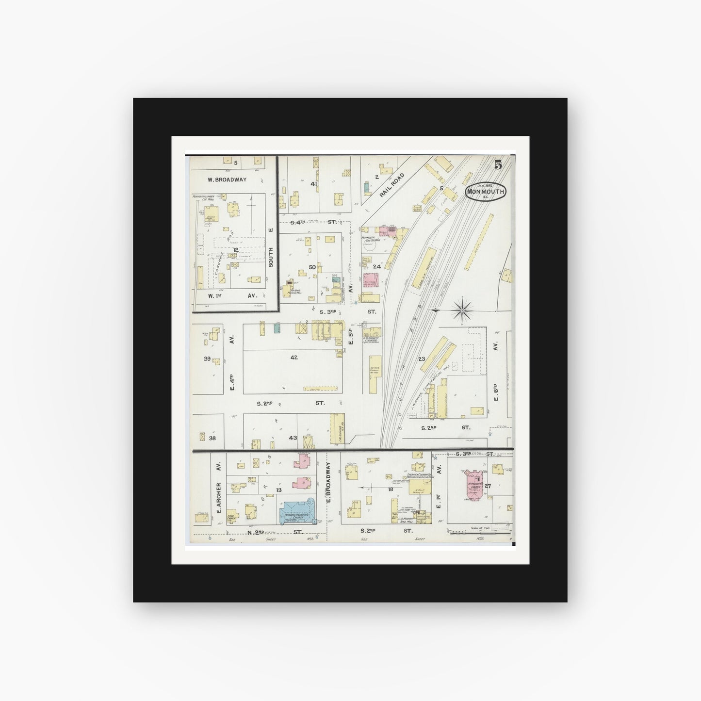 Old map wall art mockup — black gallery frame with white mat — Sanborn Fire Insurance Map from Monmouth, Warren County, Illinois (1892), Sheet #0005
