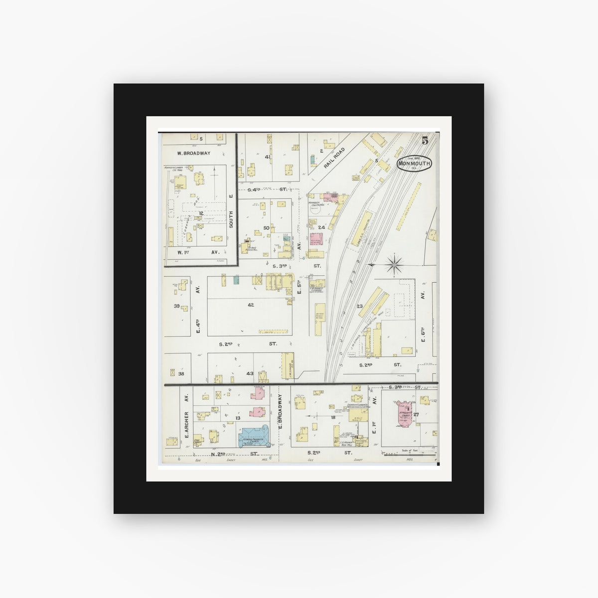 Old map wall art mockup — black gallery frame with white mat — Sanborn Fire Insurance Map from Monmouth, Warren County, Illinois (1892), Sheet #0005