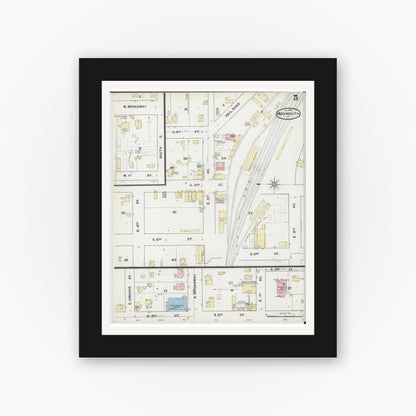 Old map wall art mockup — black gallery frame with white mat — Sanborn Fire Insurance Map from Monmouth, Warren County, Illinois (1892), Sheet #0005