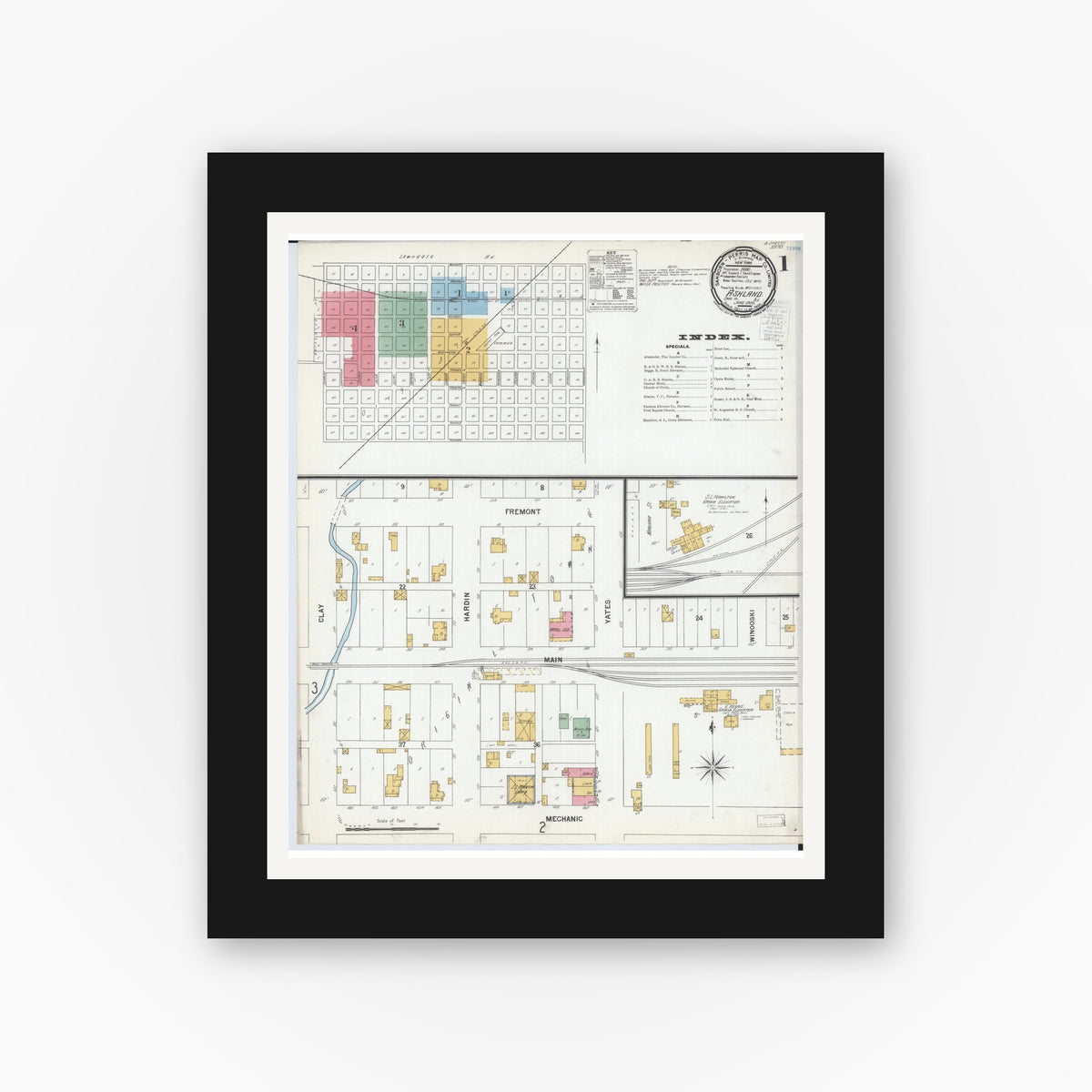 Old map wall art mockup — black gallery frame with white mat — Sanborn Fire Insurance Map from Ashland, Cass County, Illinois (1900) - Complete Map Set