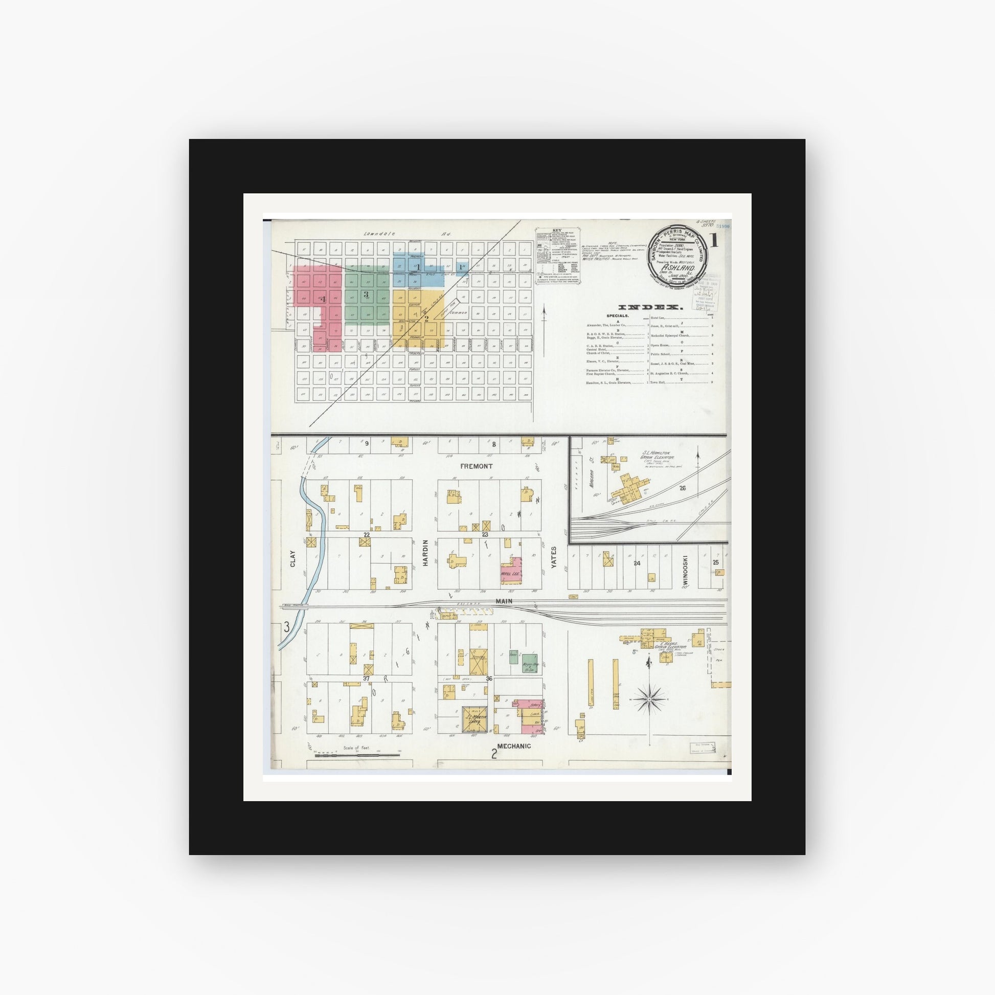 Old map wall art mockup — black gallery frame with white mat — Sanborn Fire Insurance Map from Ashland, Cass County, Illinois (1900) - Complete Map Set