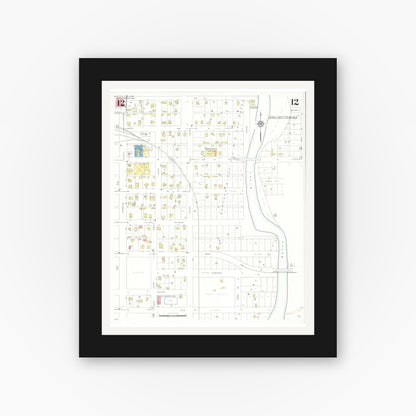 Old map wall art mockup — black gallery frame with white mat — Sanborn Fire Insurance Map from Webster City, Hamilton County, Iowa (1938), Sheet #0012