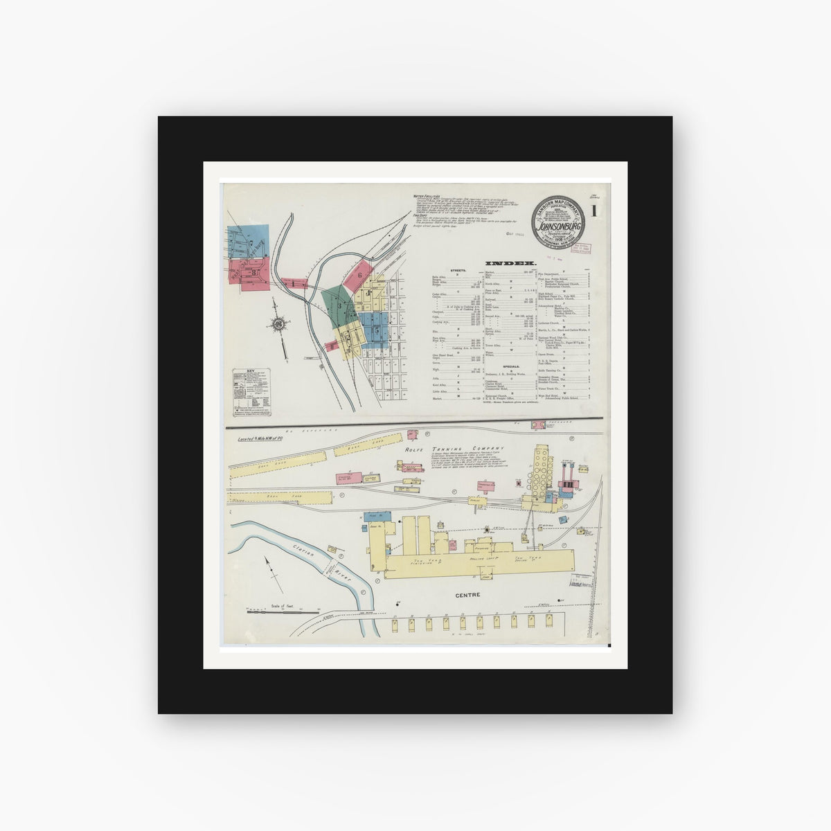 Old map wall art mockup — black gallery frame with white mat — Sanborn Fire Insurance Map from Johnsonburg, Elk County, Pennsylvania (1909) - Complete Map Set