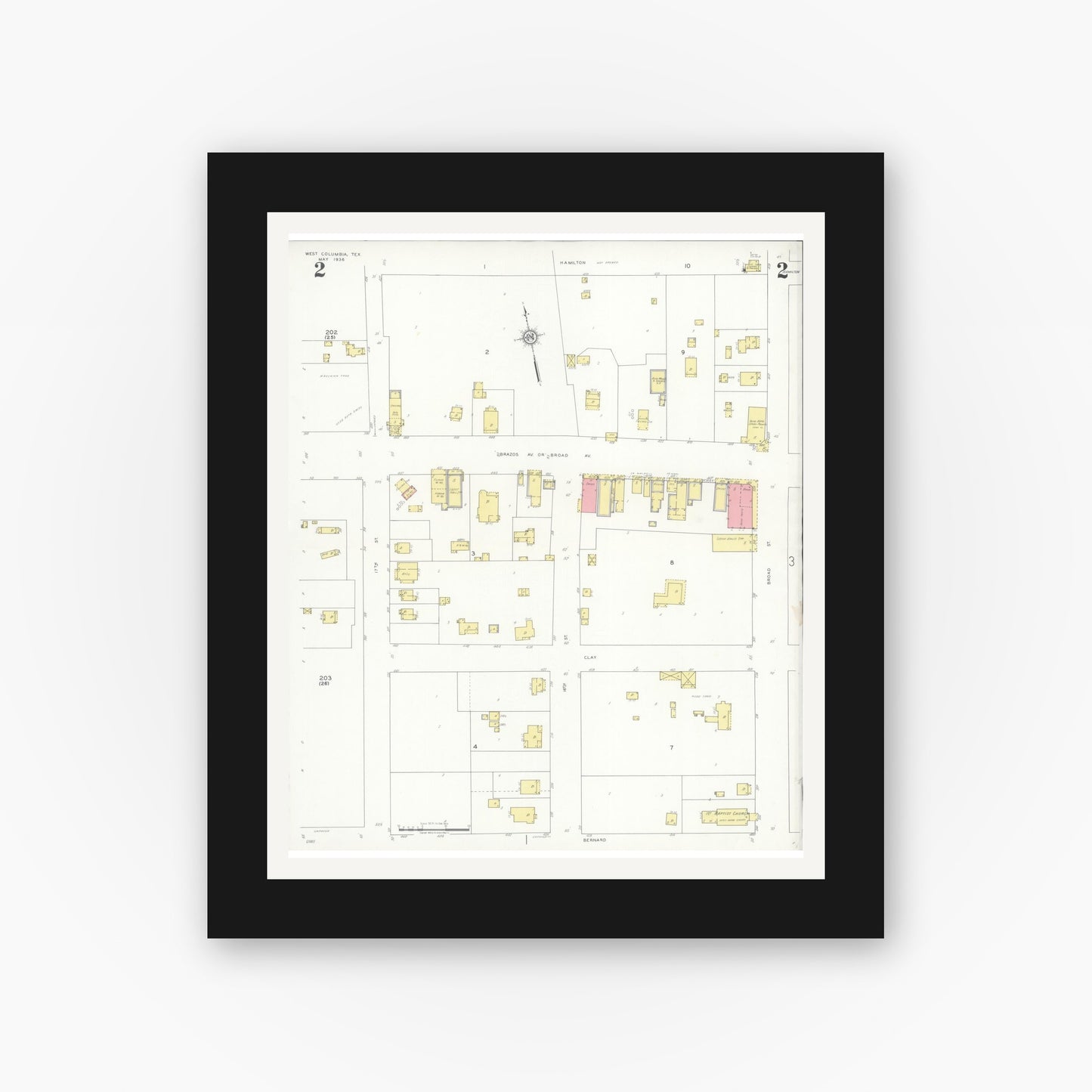 Old map wall art mockup — black gallery frame with white mat — Sanborn Fire Insurance Map from West Columbia, Brazoria County, Texas (1936), Sheet #0002