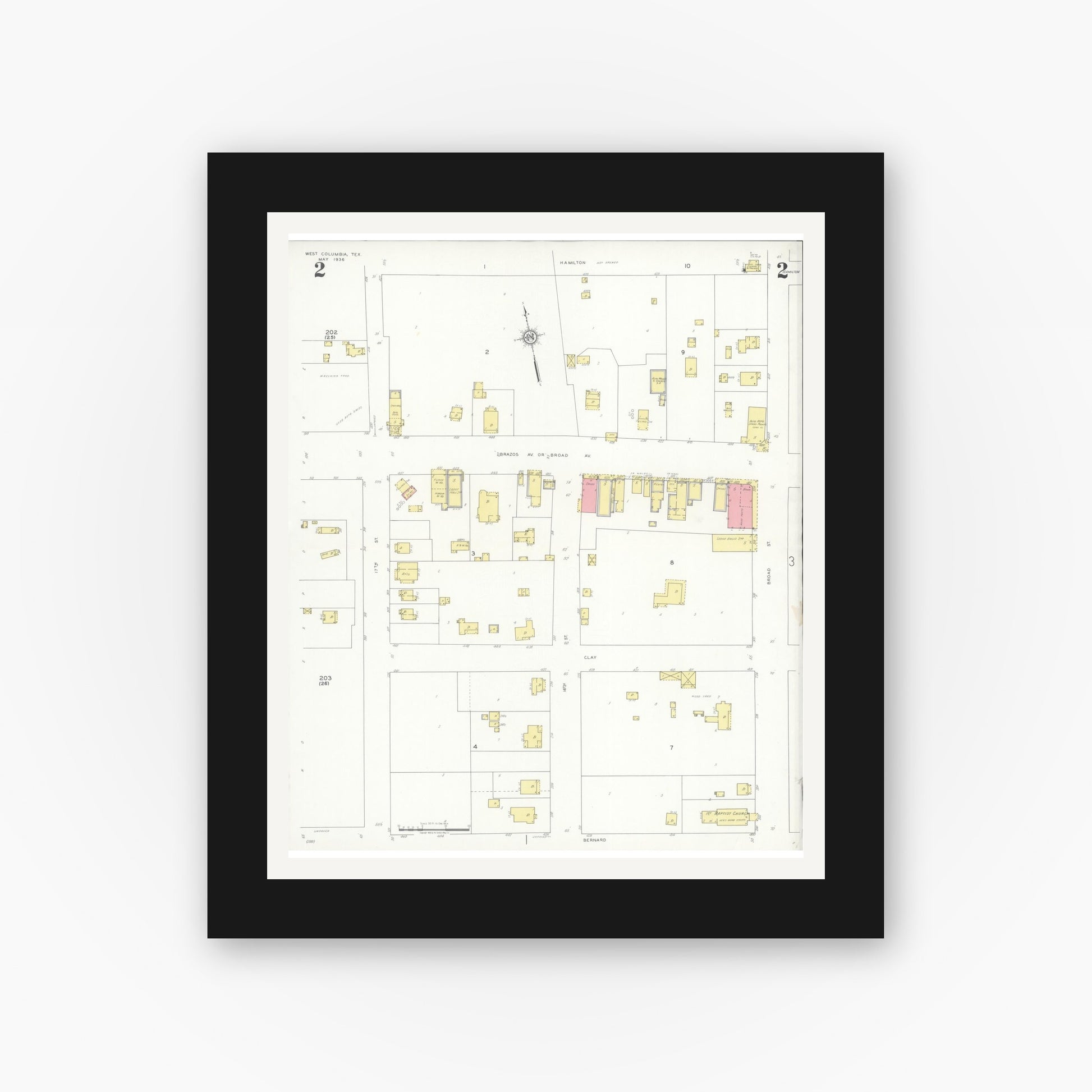 Old map wall art mockup — black gallery frame with white mat — Sanborn Fire Insurance Map from West Columbia, Brazoria County, Texas (1936), Sheet #0002