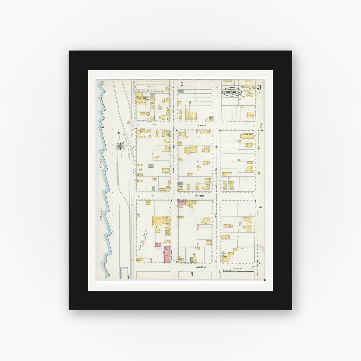 Old map wall art mockup — black gallery frame with white mat — Sanborn Fire Insurance Map from Fernandina, Nassau County, Florida (1903), Sheet #0003