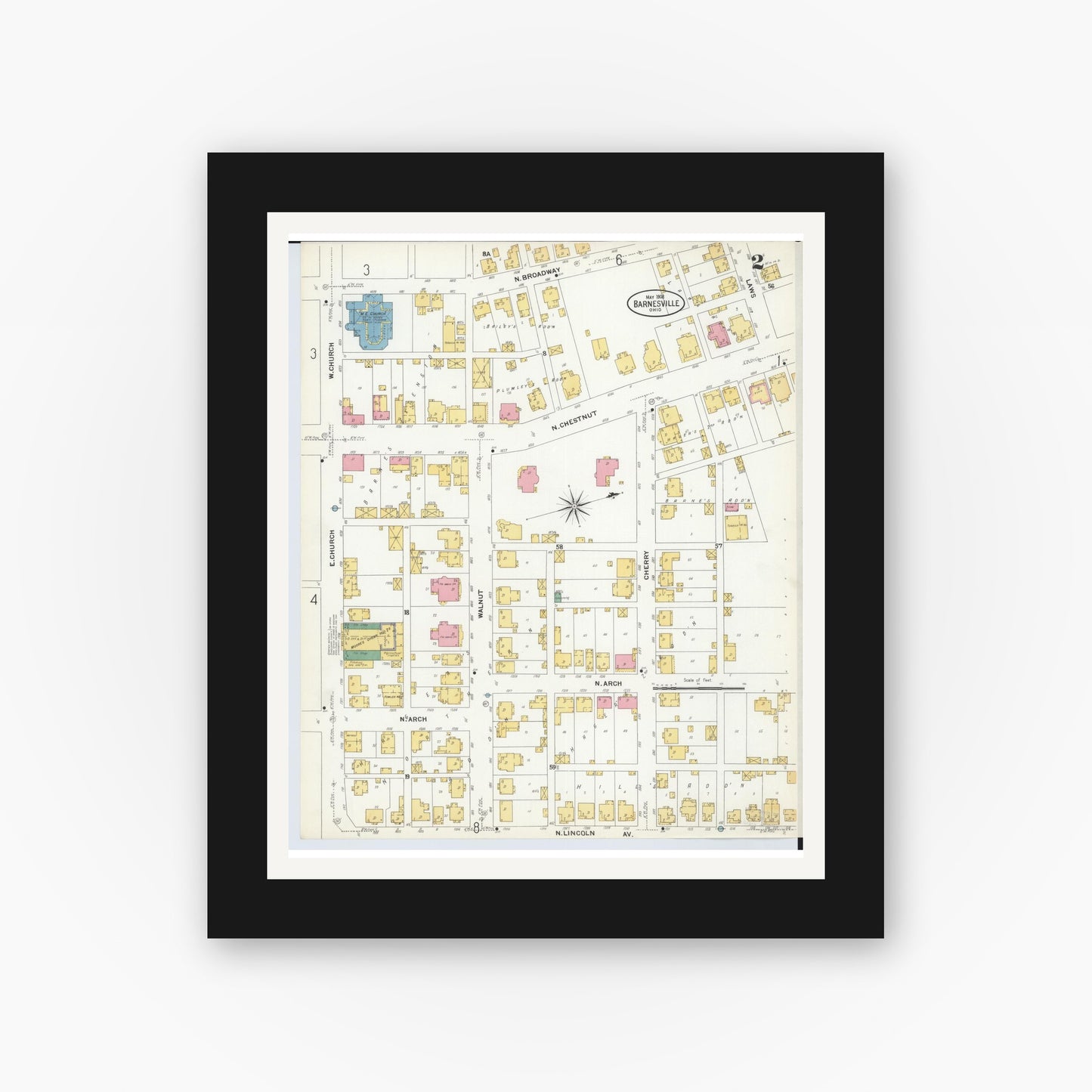 Old map wall art mockup — black gallery frame with white mat — Sanborn Fire Insurance Map from Barnesville, Belmont County, Ohio (1908), Sheet #0002