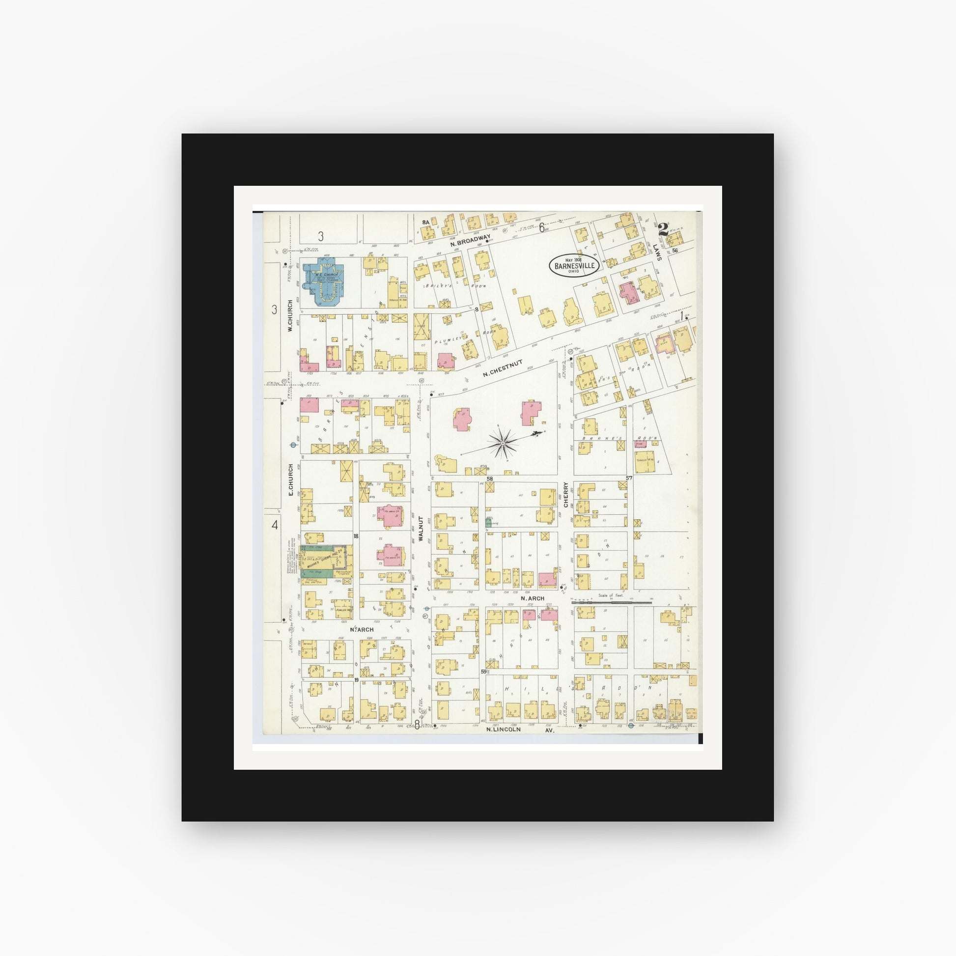 Old map wall art mockup — black gallery frame with white mat — Sanborn Fire Insurance Map from Barnesville, Belmont County, Ohio (1908), Sheet #0002