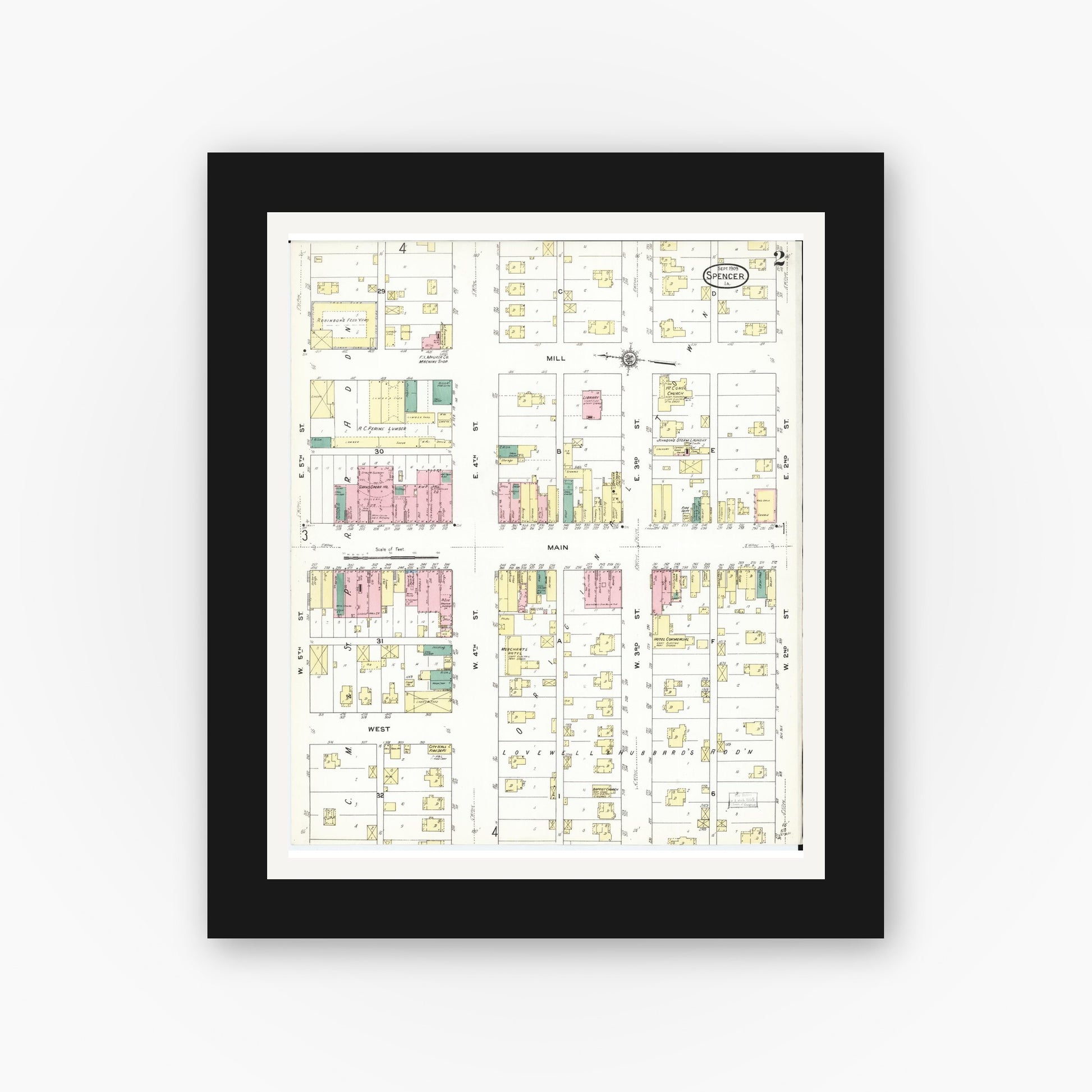Old map wall art mockup — black gallery frame with white mat — Sanborn Fire Insurance Map from Spencer, Clay County, Iowa (1909), Sheet #0002