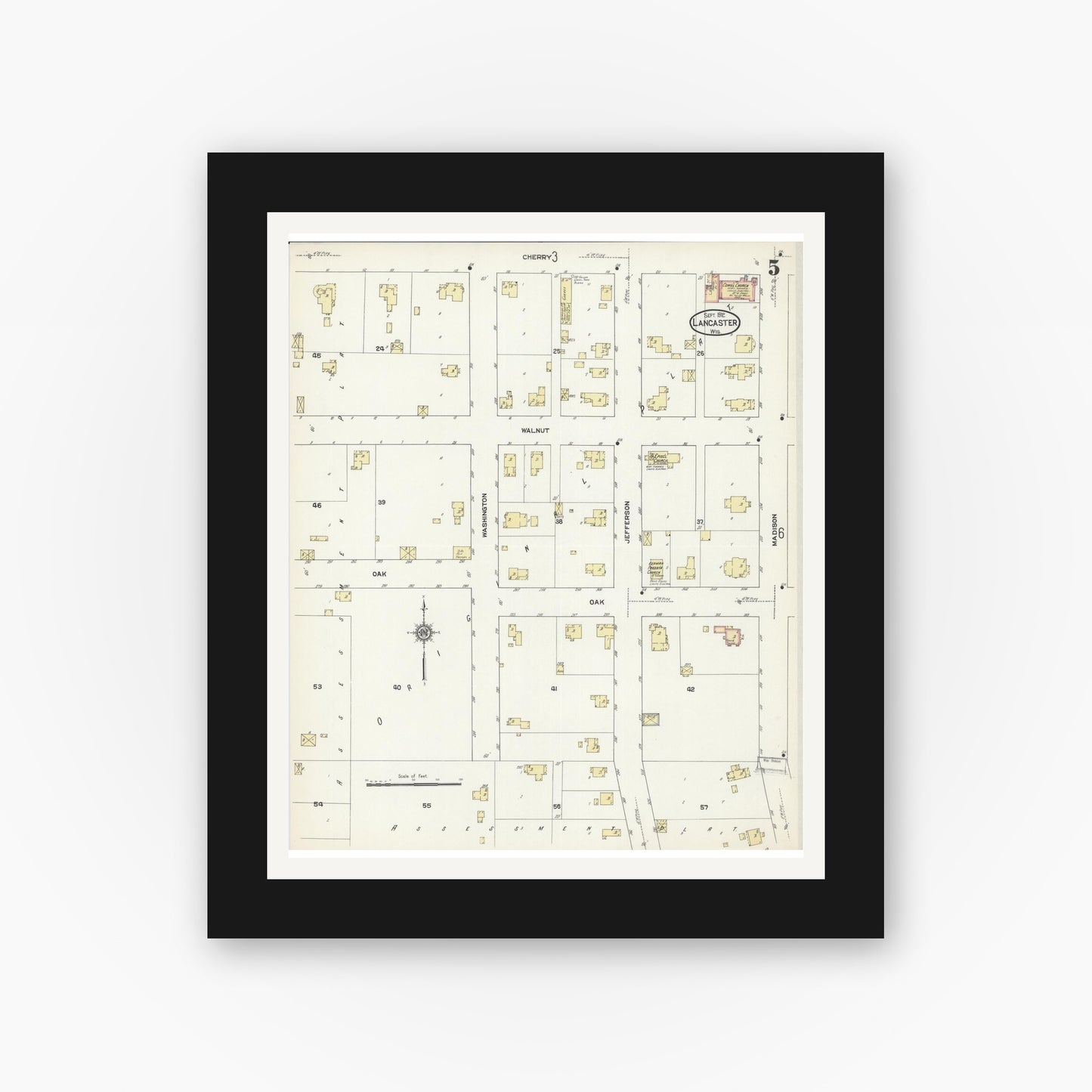 Old map wall art mockup — black gallery frame with white mat — Sanborn Fire Insurance Map from Lancaster, Grant County, Wisconsin (1912), Sheet #0005