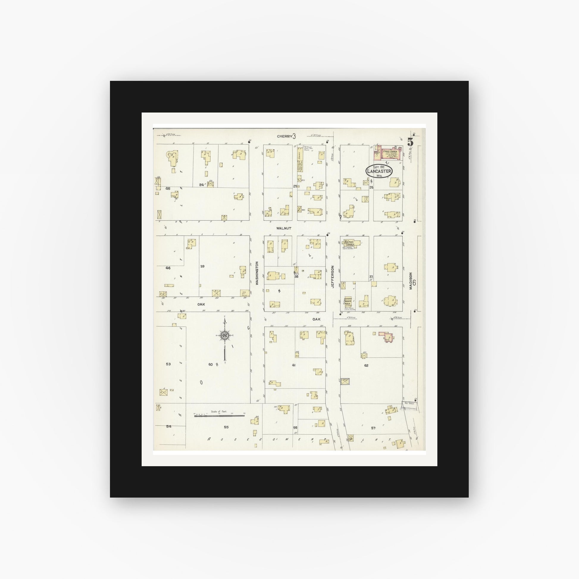 Old map wall art mockup — black gallery frame with white mat — Sanborn Fire Insurance Map from Lancaster, Grant County, Wisconsin (1912), Sheet #0005