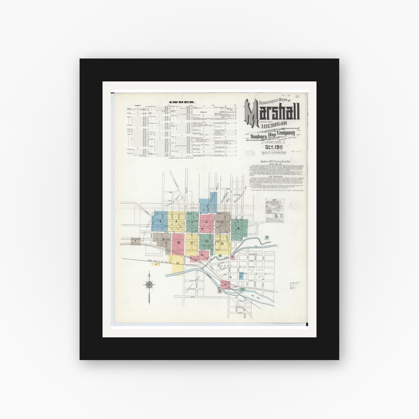 Old map wall art mockup — black gallery frame with white mat — Sanborn Fire Insurance Map from Marshall, Calhoun County, Michigan (1911), Sheet #0001