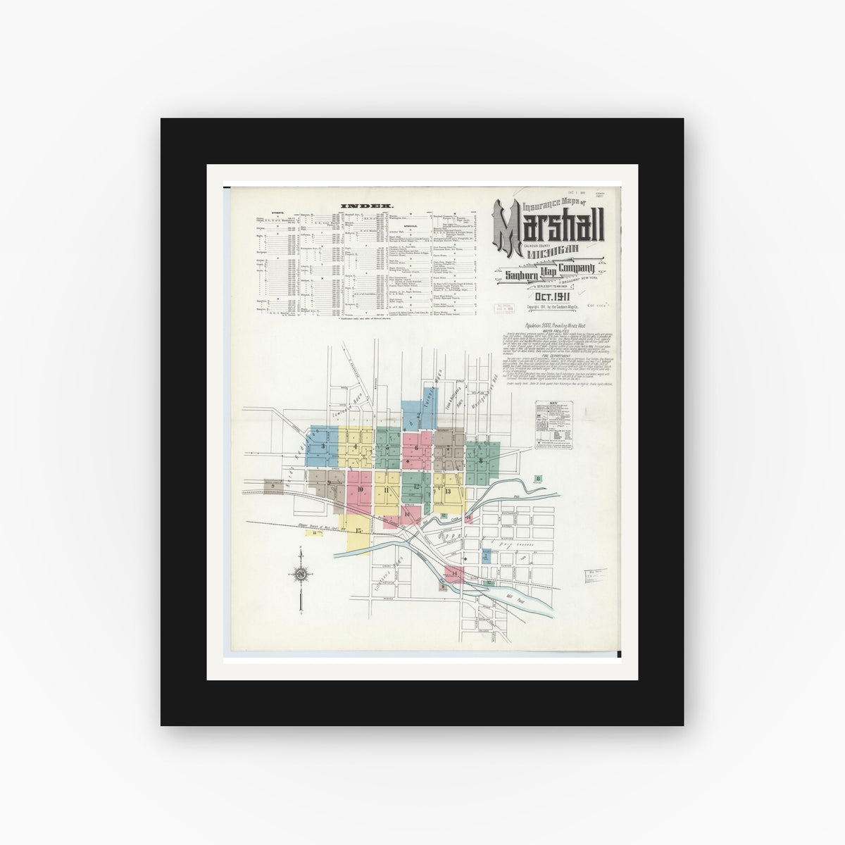 Old map wall art mockup — black gallery frame with white mat — Sanborn Fire Insurance Map from Marshall, Calhoun County, Michigan (1911), Sheet #0001