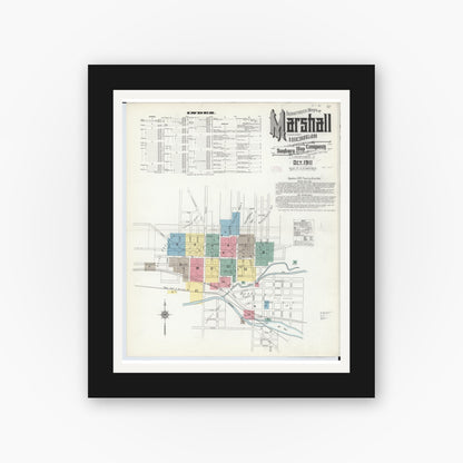 Old map wall art mockup — black gallery frame with white mat — Sanborn Fire Insurance Map from Marshall, Calhoun County, Michigan (1911), Sheet #0001