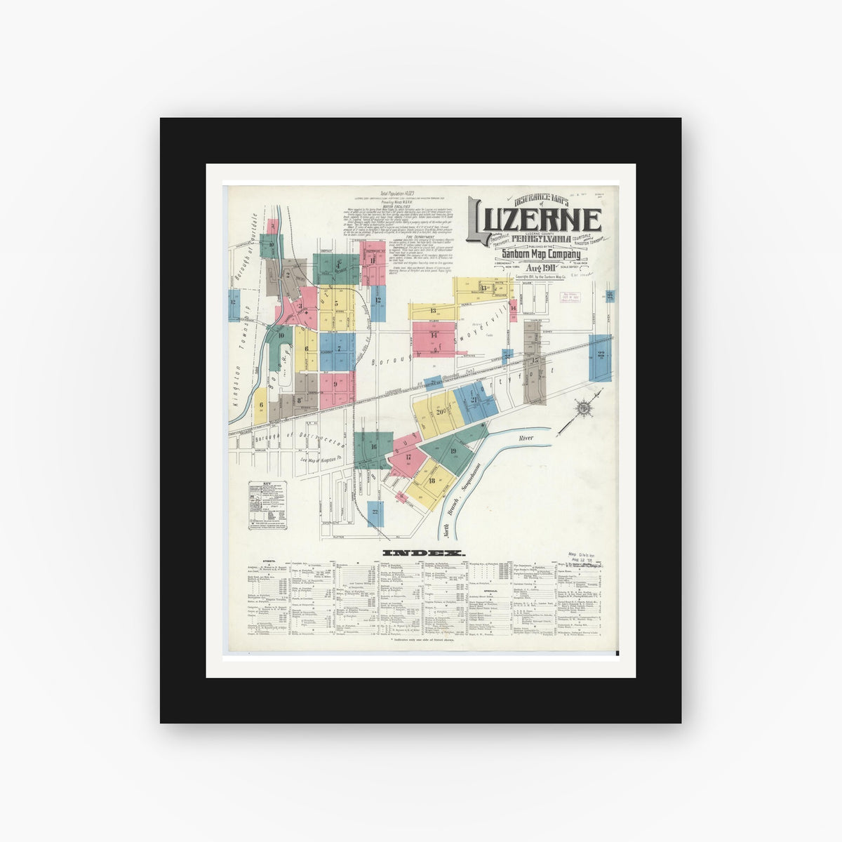 Old map wall art mockup — black gallery frame with white mat — Sanborn Fire Insurance Map from Luzerne, Luzerne County, Pennsylvania (1911), Sheet #0001