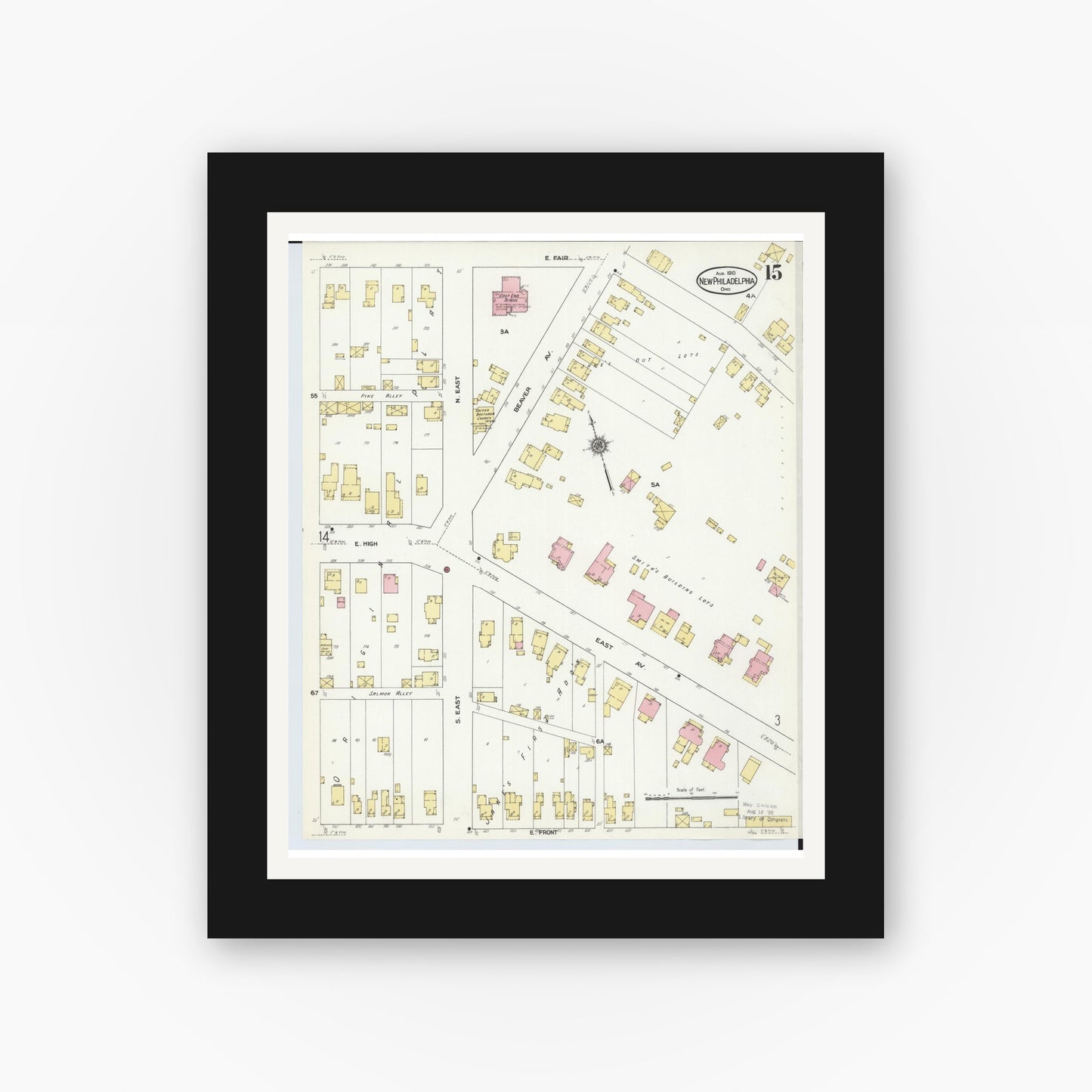 Old map wall art mockup — black gallery frame with white mat — Sanborn Fire Insurance Map from New Philadelphia, Tuscarawas County, Ohio (1910), Sheet #0015