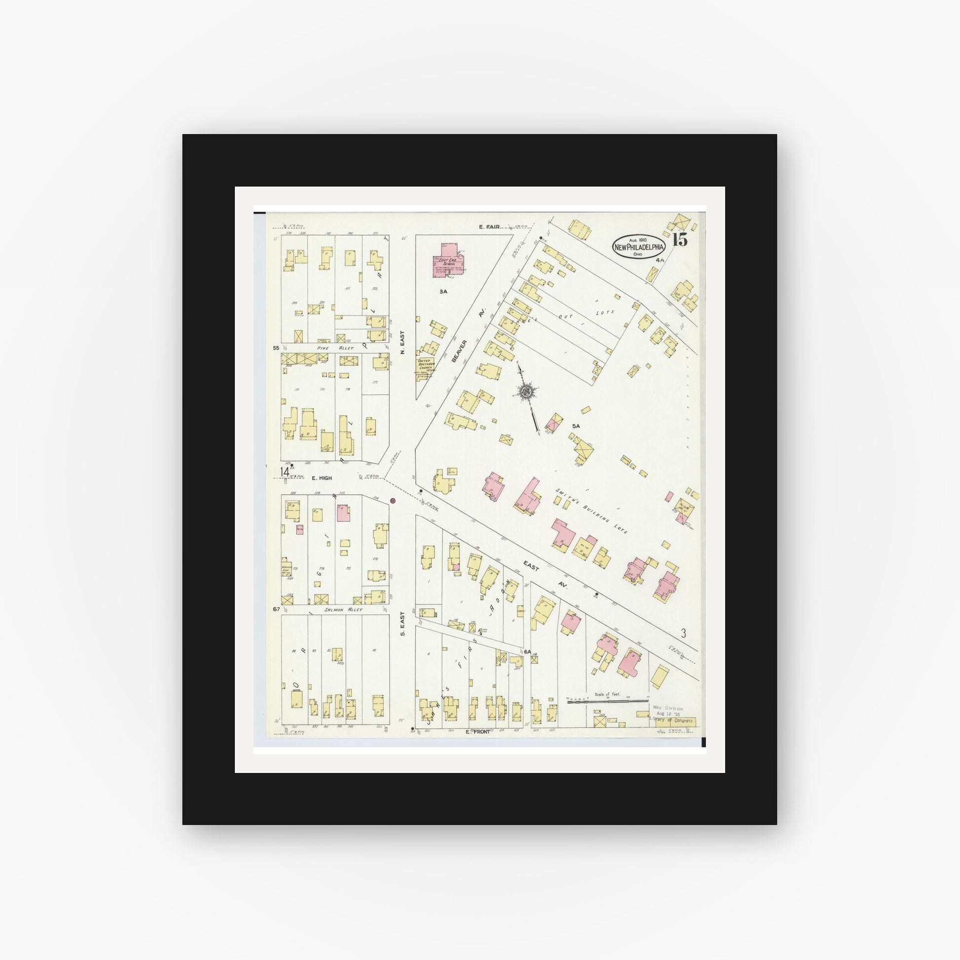 Old map wall art mockup — black gallery frame with white mat — Sanborn Fire Insurance Map from New Philadelphia, Tuscarawas County, Ohio (1910), Sheet #0015