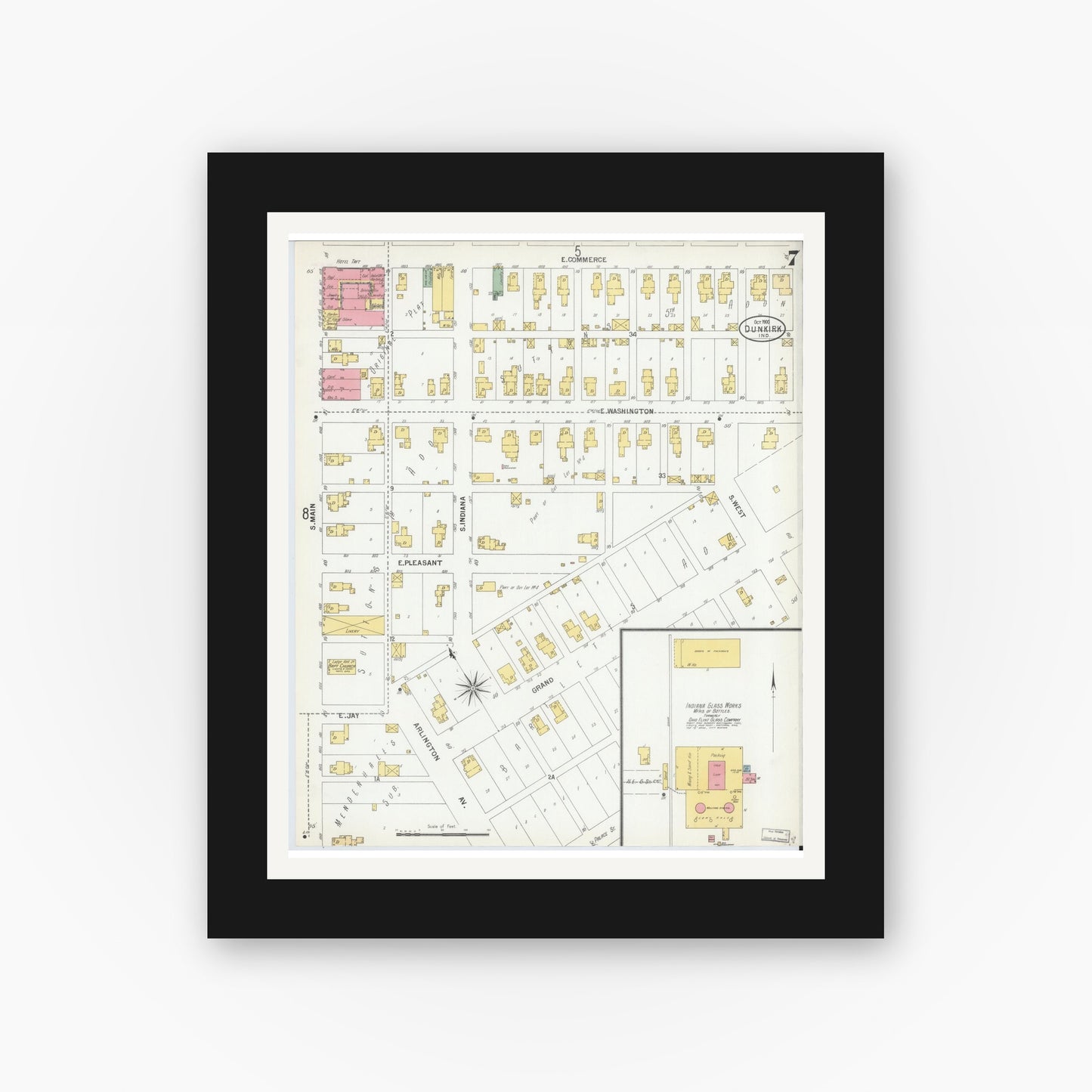 Old map wall art mockup — black gallery frame with white mat — Sanborn Fire Insurance Map from Dunkirk, Jay And Blackford Counties, Indiana (1900), Sheet #0007