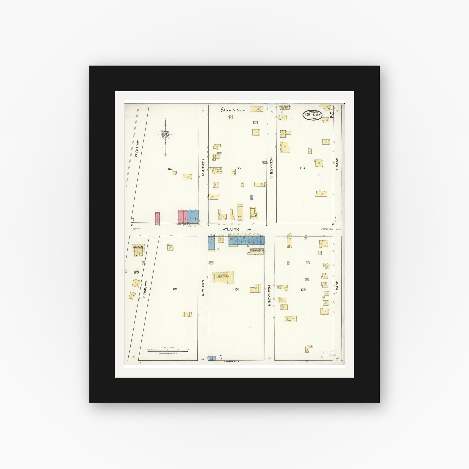 Old map wall art mockup — black gallery frame with white mat — Sanborn Fire Insurance Map from Delray, Palm Beach County, Florida (1922), Sheet #0002