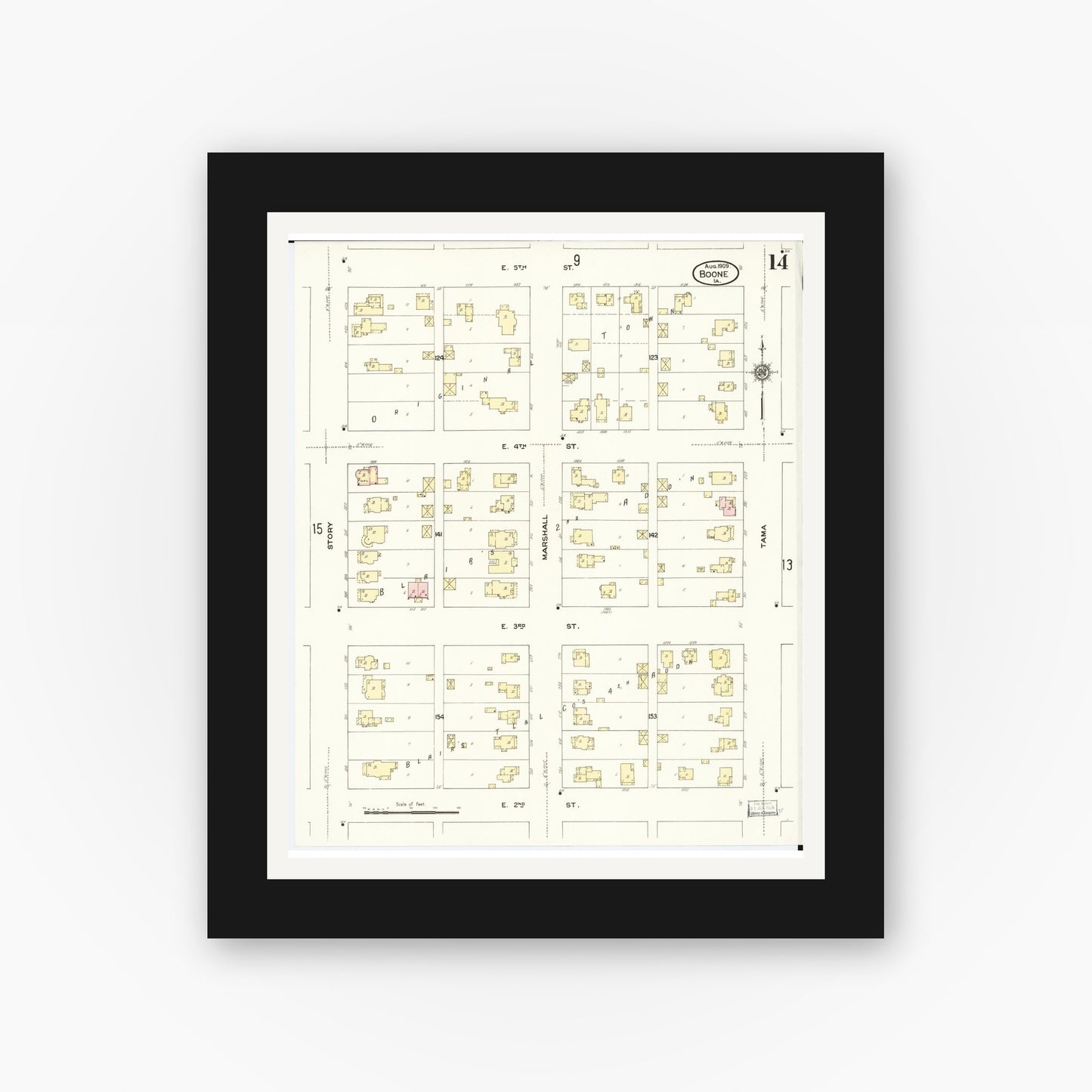 Old map wall art mockup — black gallery frame with white mat — Sanborn Fire Insurance Map from Boone, Boone County, Iowa (1909), Sheet #0014