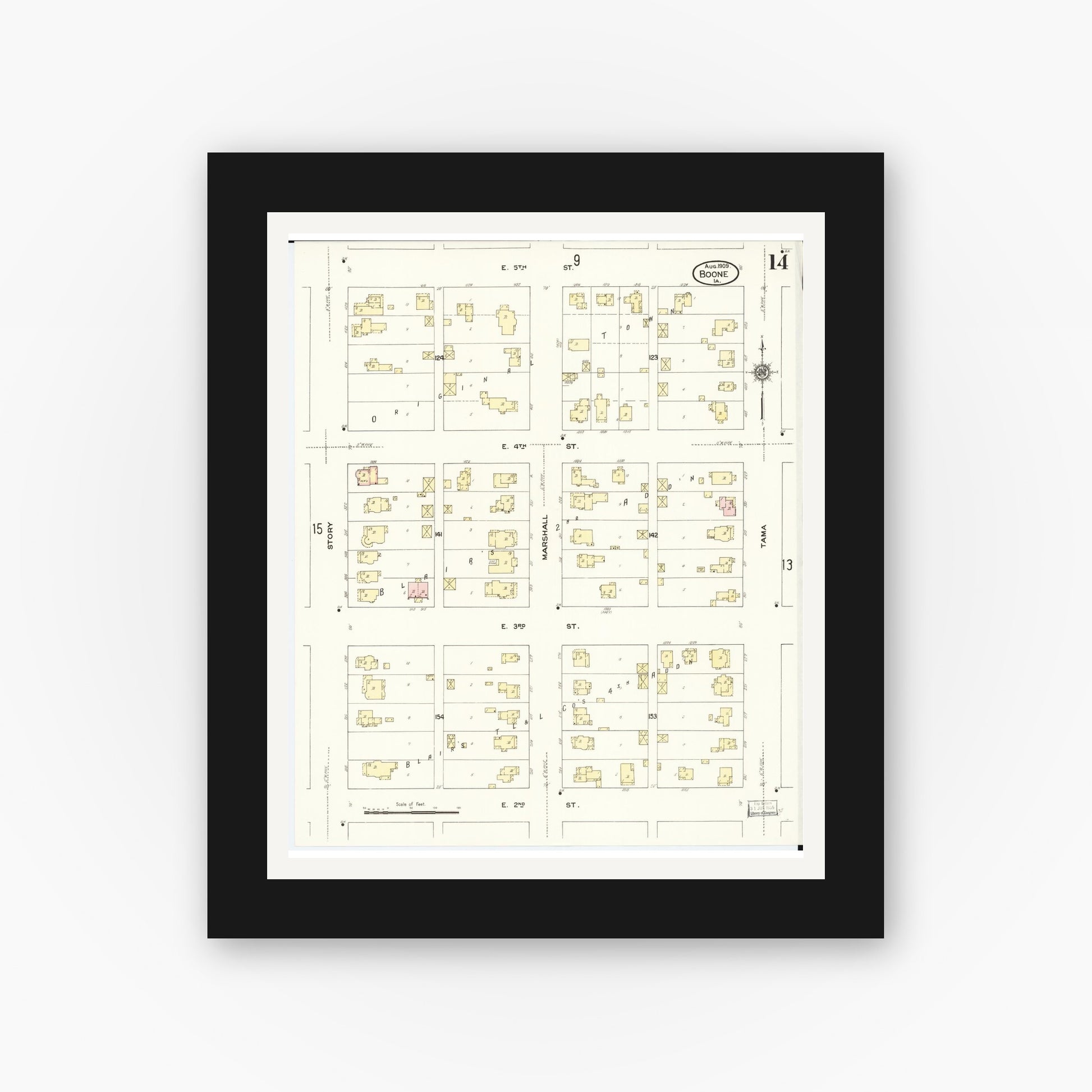 Old map wall art mockup — black gallery frame with white mat — Sanborn Fire Insurance Map from Boone, Boone County, Iowa (1909), Sheet #0014