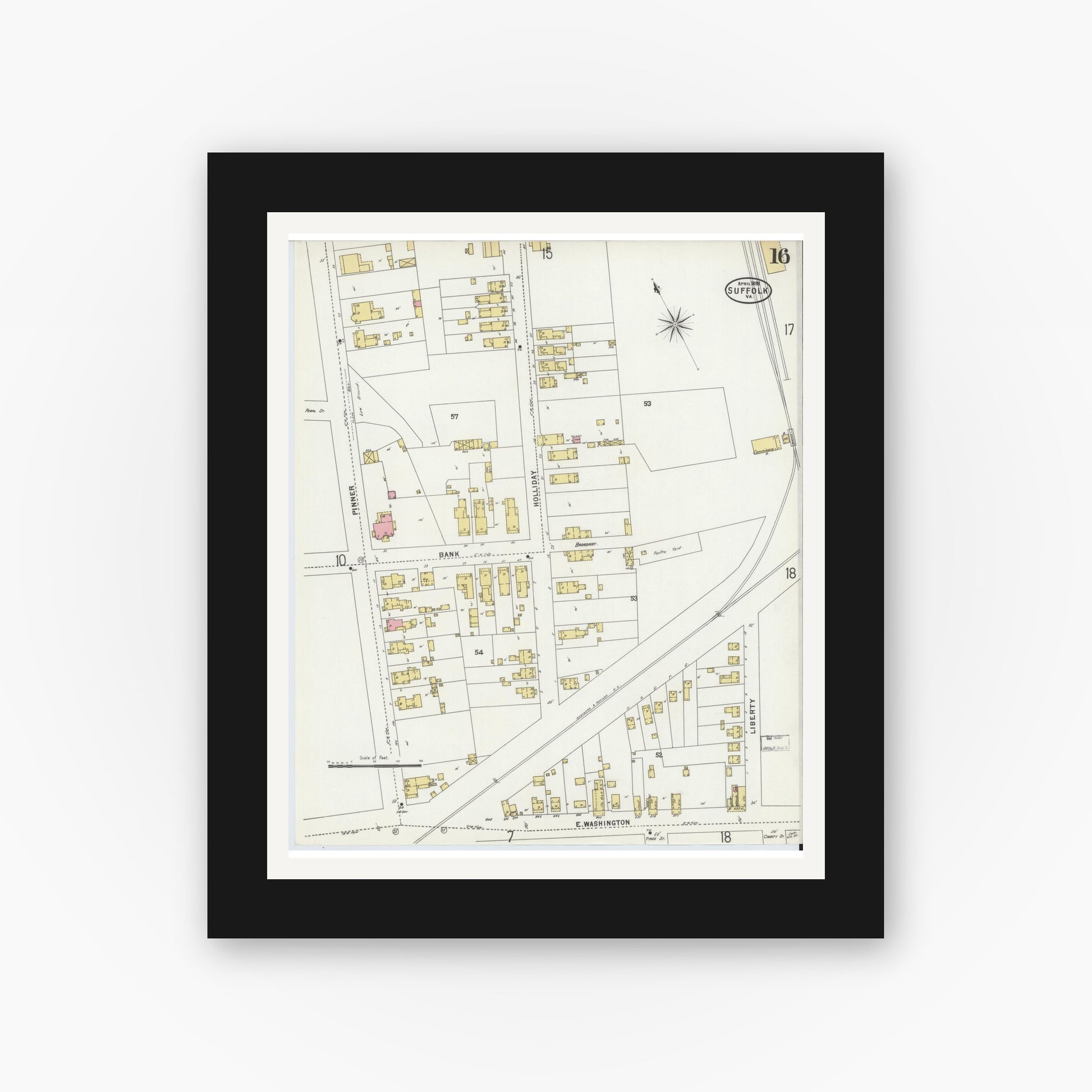 Old map wall art mockup — black gallery frame with white mat — Sanborn Fire Insurance Map from Suffolk, Independent Cities, Virginia (1898), Sheet #0016