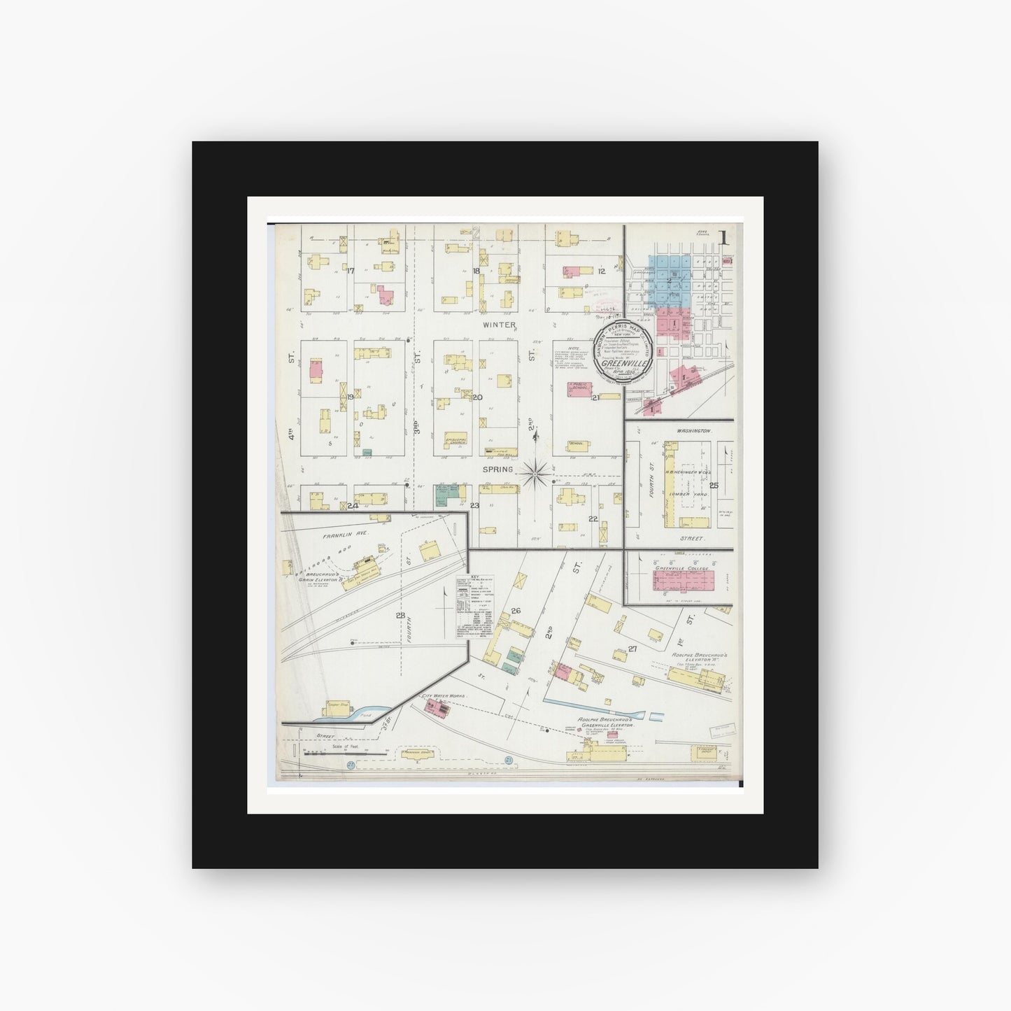 Old map wall art mockup — black gallery frame with white mat — Sanborn Fire Insurance Map from Greenville, Bond County, Illinois (1893), Sheet #0001