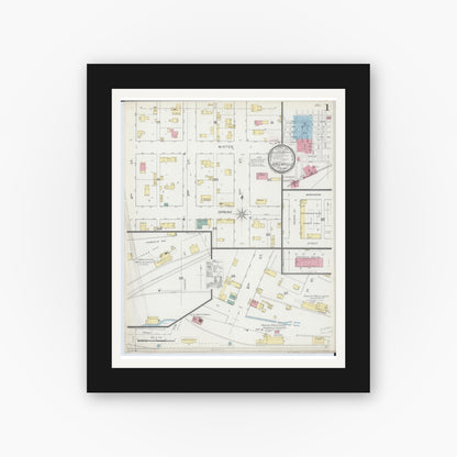 Old map wall art mockup — black gallery frame with white mat — Sanborn Fire Insurance Map from Greenville, Bond County, Illinois (1893), Sheet #0001