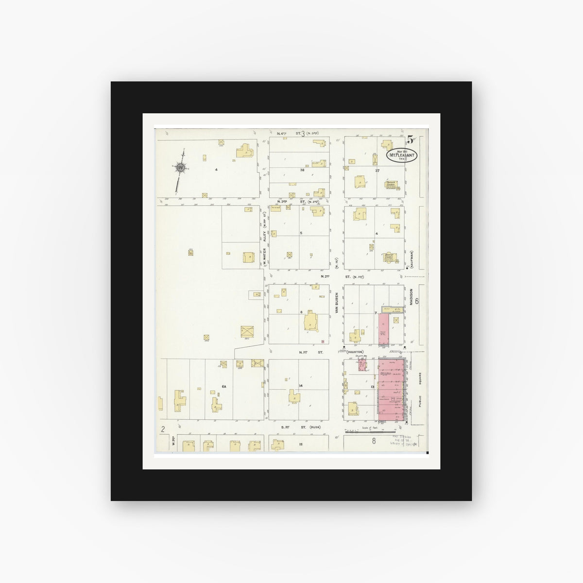Old map wall art mockup — black gallery frame with white mat — Sanborn Fire Insurance Map from Mount Pleasant, Titus County, Texas (1911), Sheet #0005