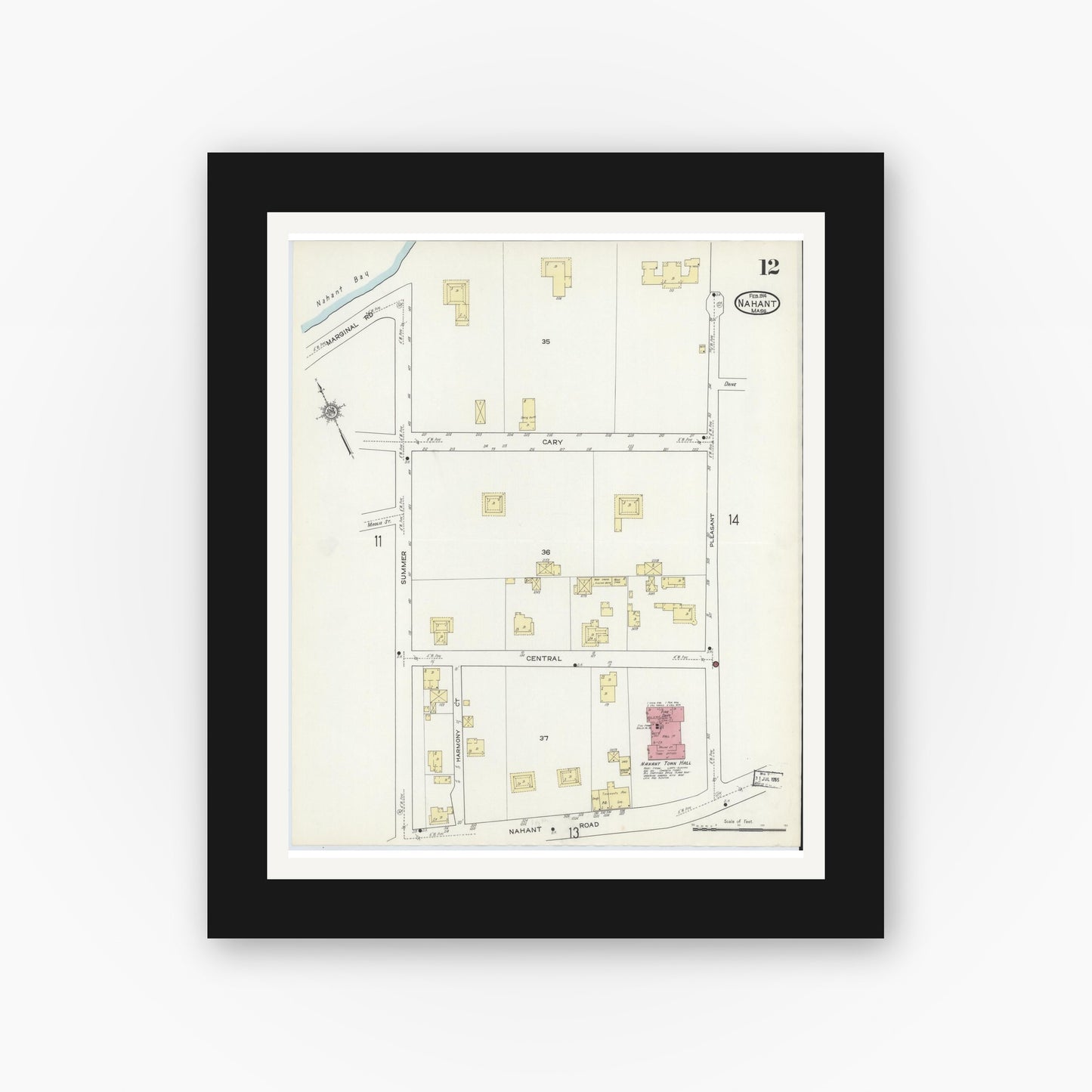 Old map wall art mockup — black gallery frame with white mat — Sanborn Fire Insurance Map from Nahant, Essex County, Massachusetts (1914), Sheet #0012