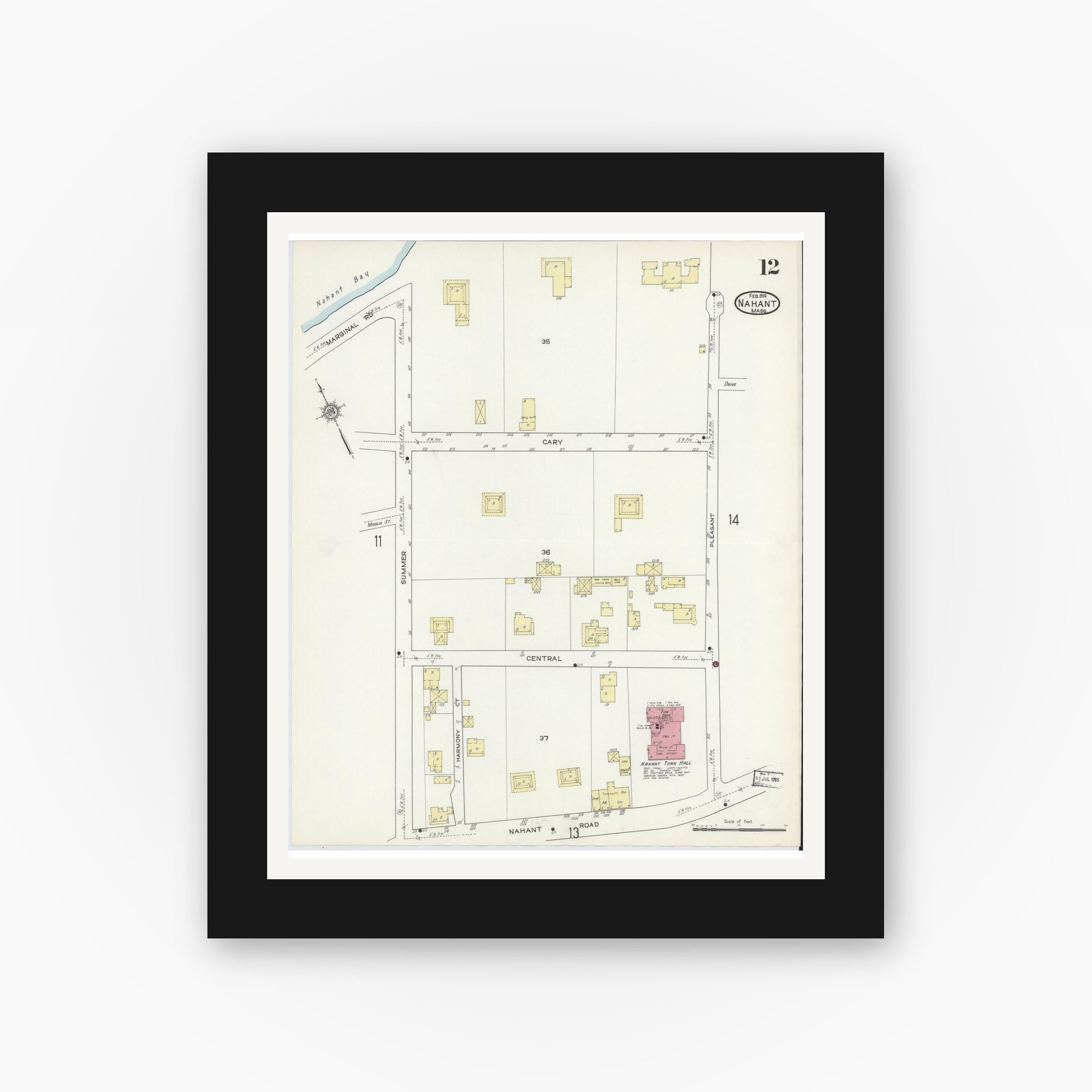 Old map wall art mockup — black gallery frame with white mat — Sanborn Fire Insurance Map from Nahant, Essex County, Massachusetts (1914), Sheet #0012