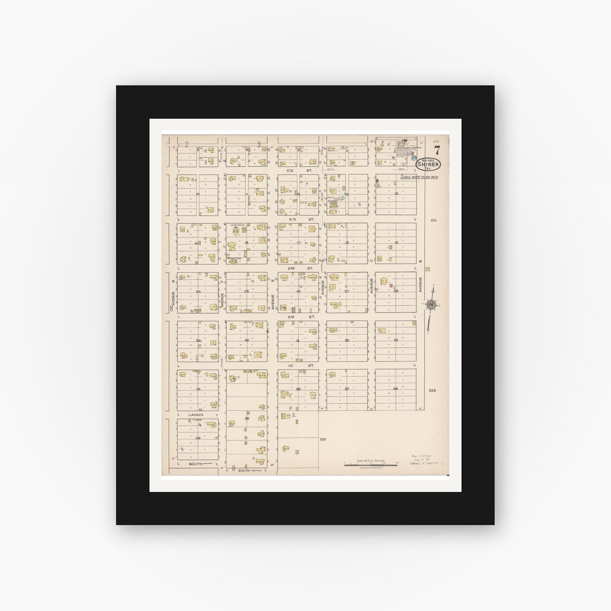 Old map wall art mockup — black gallery frame with white mat — Sanborn Fire Insurance Map from Shiner, Lavaca County, Texas (1922), Sheet #0007