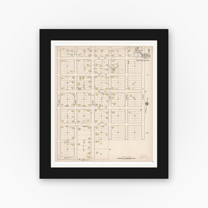 Old map wall art mockup — black gallery frame with white mat — Sanborn Fire Insurance Map from Shiner, Lavaca County, Texas (1922), Sheet #0007