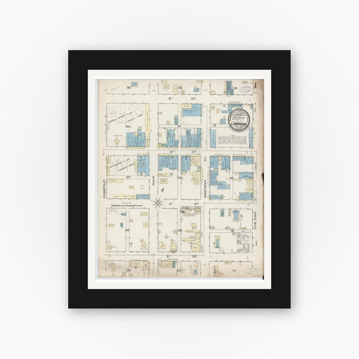 Old map wall art mockup — black gallery frame with white mat — Sanborn Fire Insurance Map from Lampasas, Lampasas County, Texas (1885), Sheet #0001