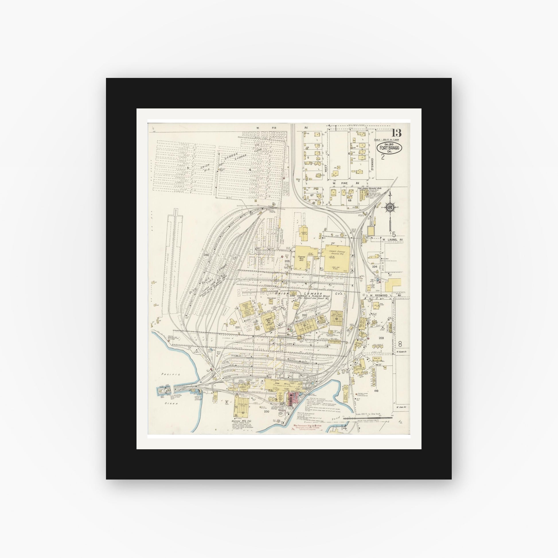 Old map wall art mockup — black gallery frame with white mat — Sanborn Fire Insurance Map from Fort Bragg, Mendocino County, California (1919), Sheet #0013