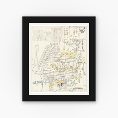 Old map wall art mockup — black gallery frame with white mat — Sanborn Fire Insurance Map from Fort Bragg, Mendocino County, California (1919), Sheet #0013