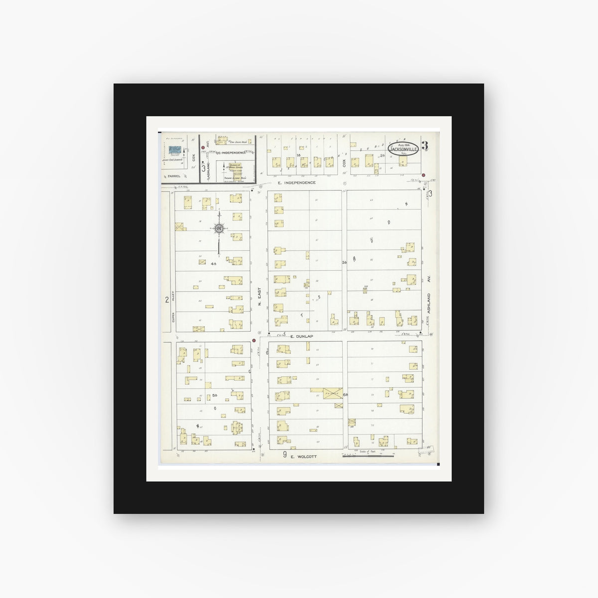 Old map wall art mockup — black gallery frame with white mat — Sanborn Fire Insurance Map from Jacksonville, Morgan County, Illinois (1914), Sheet #0003