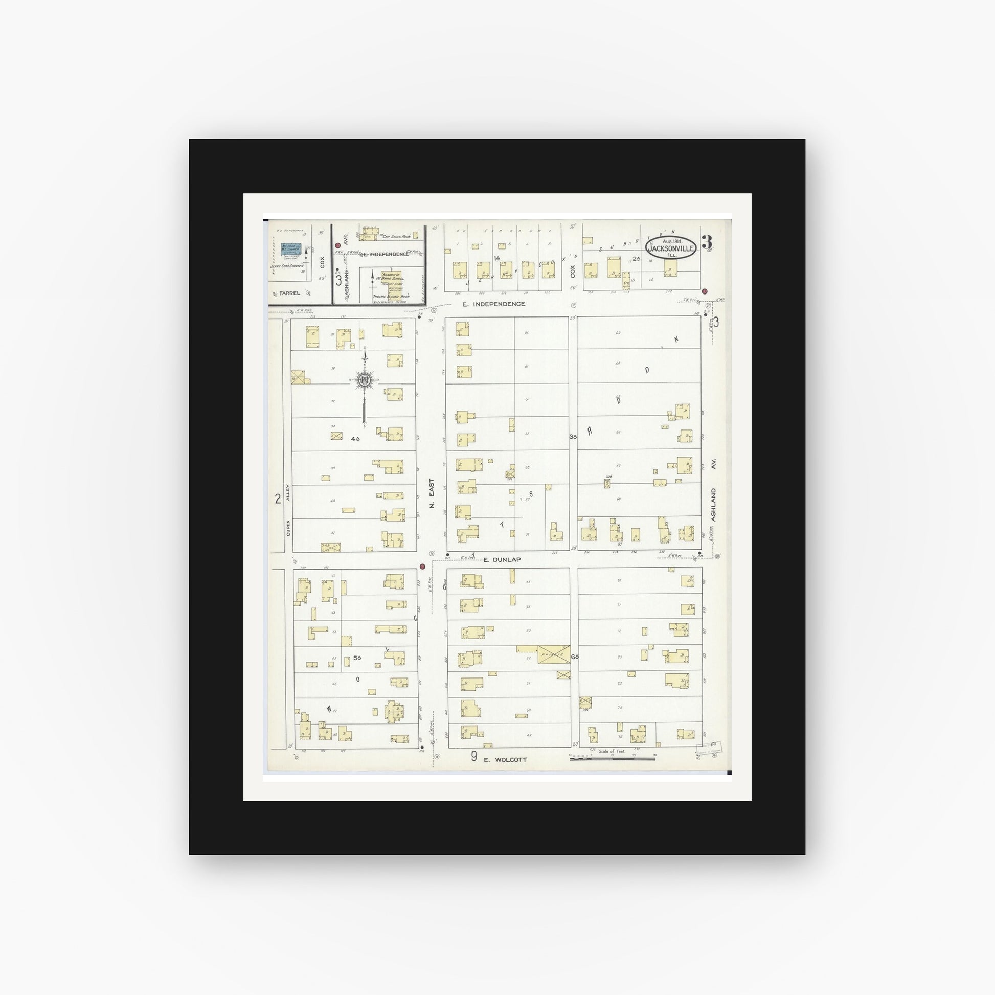 Old map wall art mockup — black gallery frame with white mat — Sanborn Fire Insurance Map from Jacksonville, Morgan County, Illinois (1914), Sheet #0003
