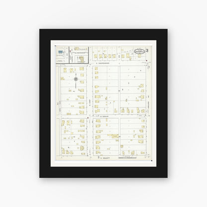 Old map wall art mockup — black gallery frame with white mat — Sanborn Fire Insurance Map from Jacksonville, Morgan County, Illinois (1914), Sheet #0003