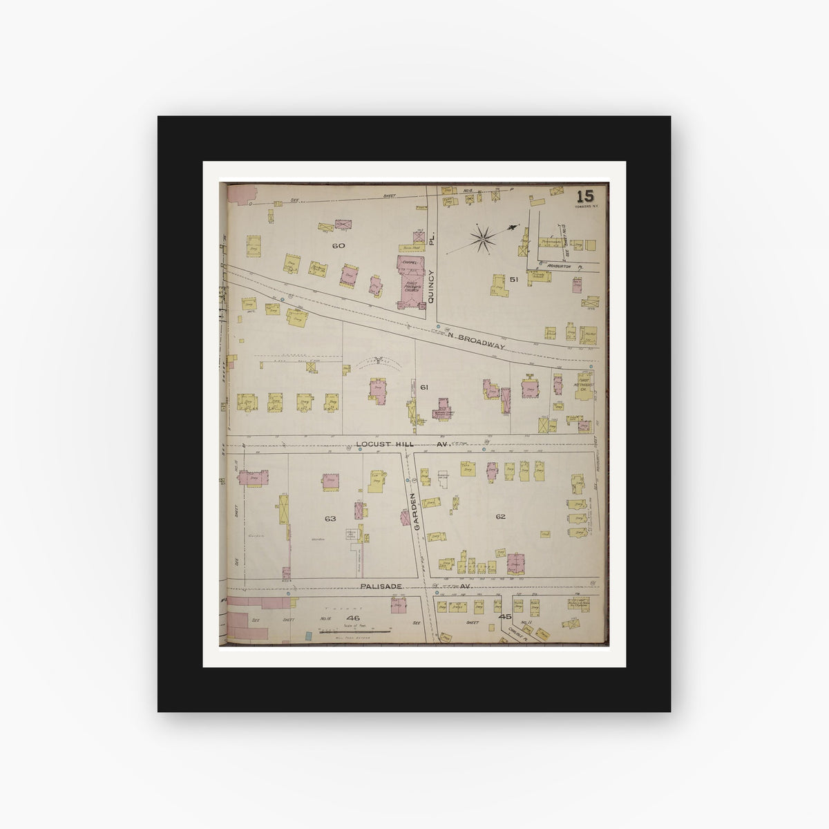 Old map wall art mockup — black gallery frame with white mat — Sanborn Fire Insurance Map from Yonkers, Westchester County, New York (1886), Sheet #0015