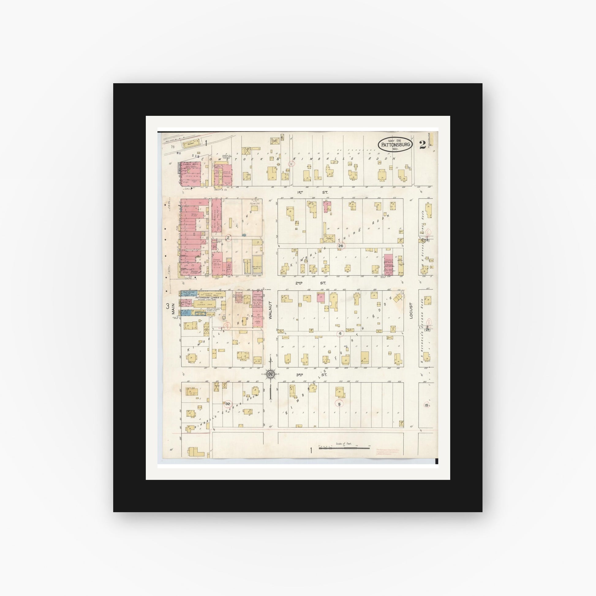Old map wall art mockup — black gallery frame with white mat — Sanborn Fire Insurance Map from Pattonsburg, Daviess County, Missouri (1931), Sheet #0002