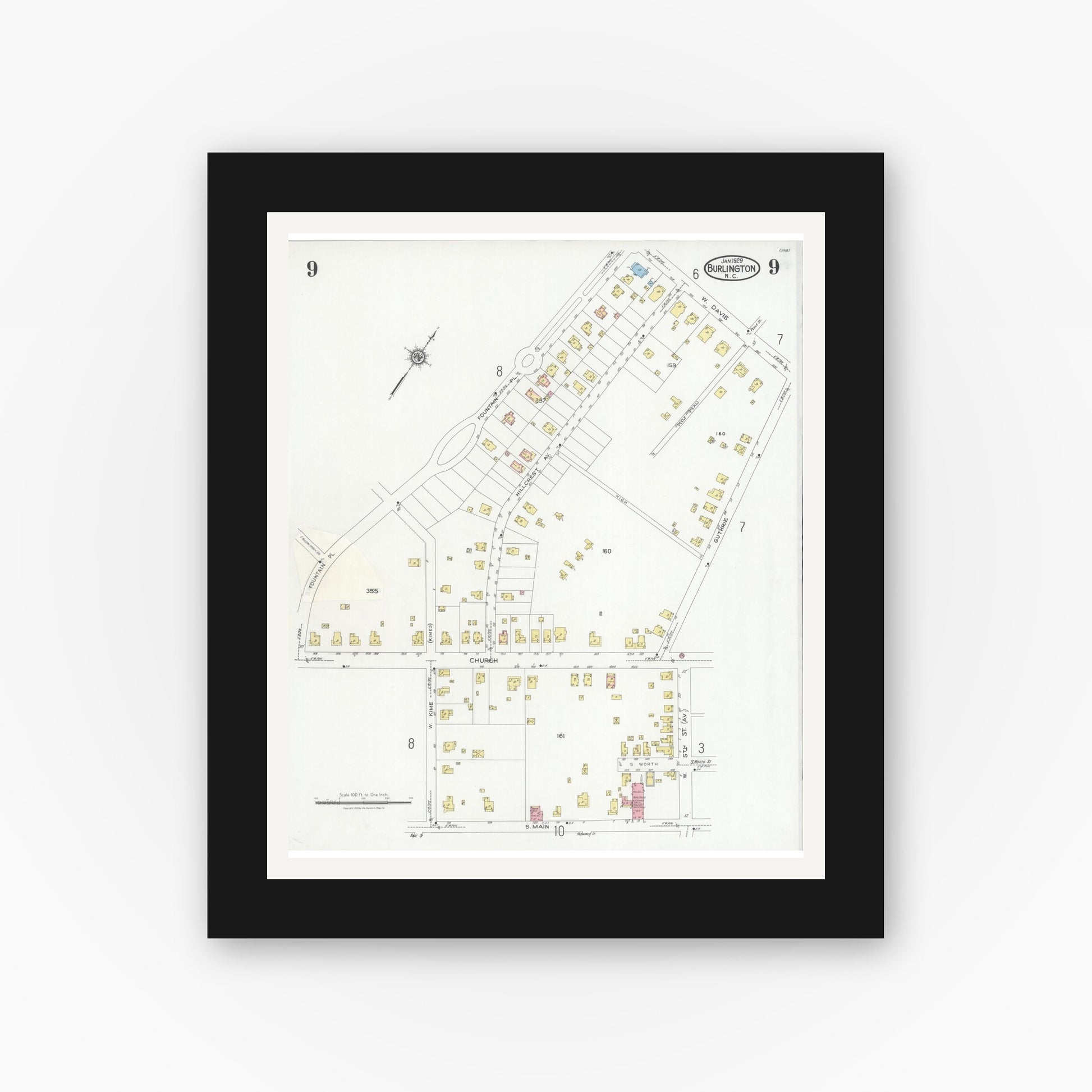 Old map wall art mockup — black gallery frame with white mat — Sanborn Fire Insurance Map from Burlington, Alamance County, North Carolina (1929), Sheet #0009