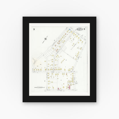 Old map wall art mockup — black gallery frame with white mat — Sanborn Fire Insurance Map from Burlington, Alamance County, North Carolina (1929), Sheet #0009