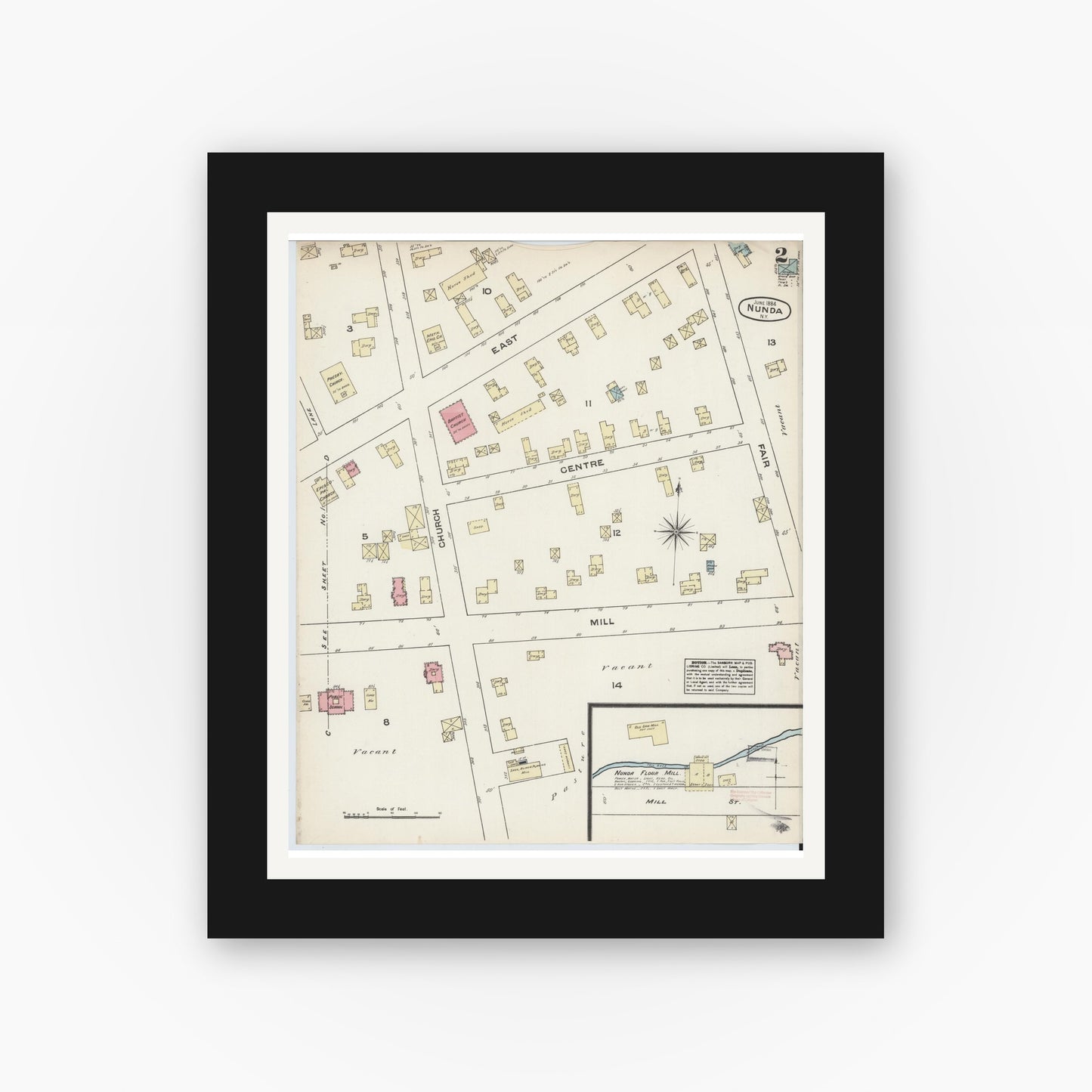 Old map wall art mockup — black gallery frame with white mat — Sanborn Fire Insurance Map from Nunda, Livingston County, New York (1884), Sheet #0002
