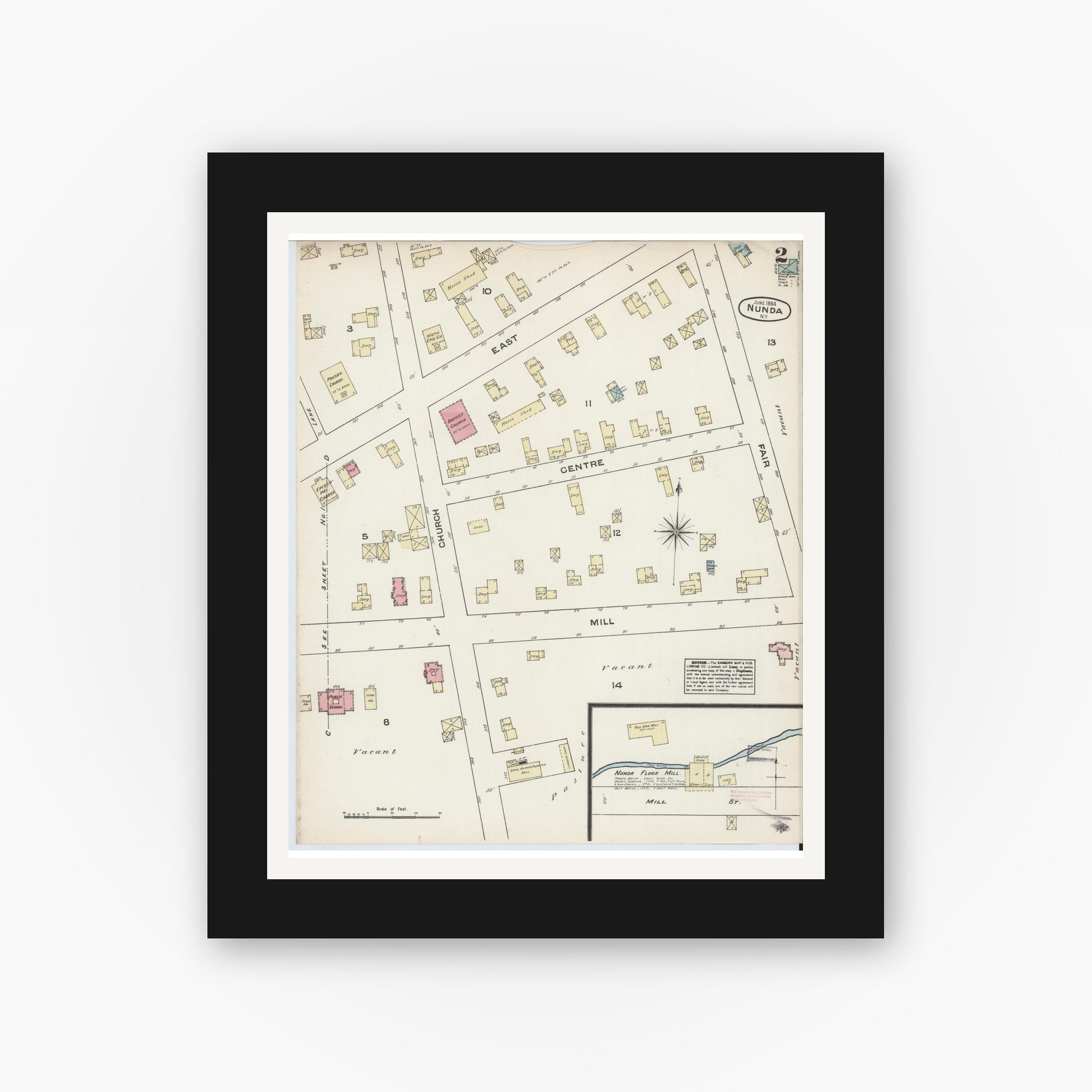 Old map wall art mockup — black gallery frame with white mat — Sanborn Fire Insurance Map from Nunda, Livingston County, New York (1884), Sheet #0002