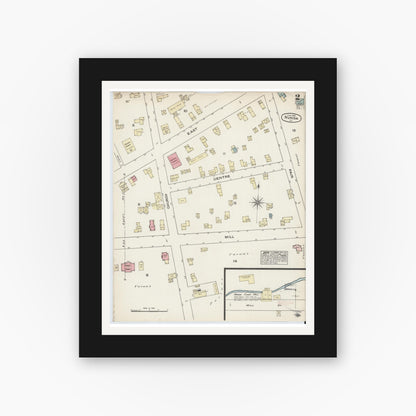 Old map wall art mockup — black gallery frame with white mat — Sanborn Fire Insurance Map from Nunda, Livingston County, New York (1884), Sheet #0002