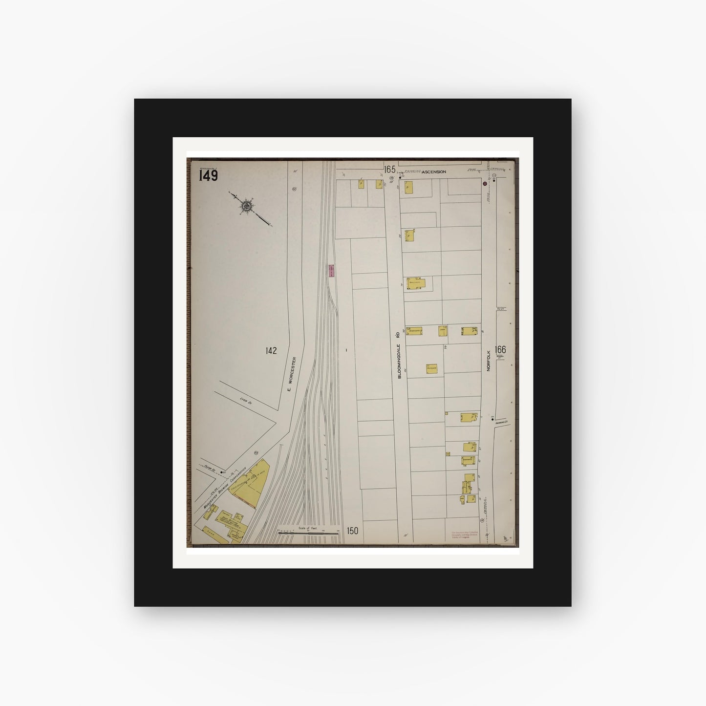 Old map wall art mockup — black gallery frame with white mat — Sanborn Fire Insurance Map from Worcester, Worcester County, Massachusetts (1910), Sheet #0149